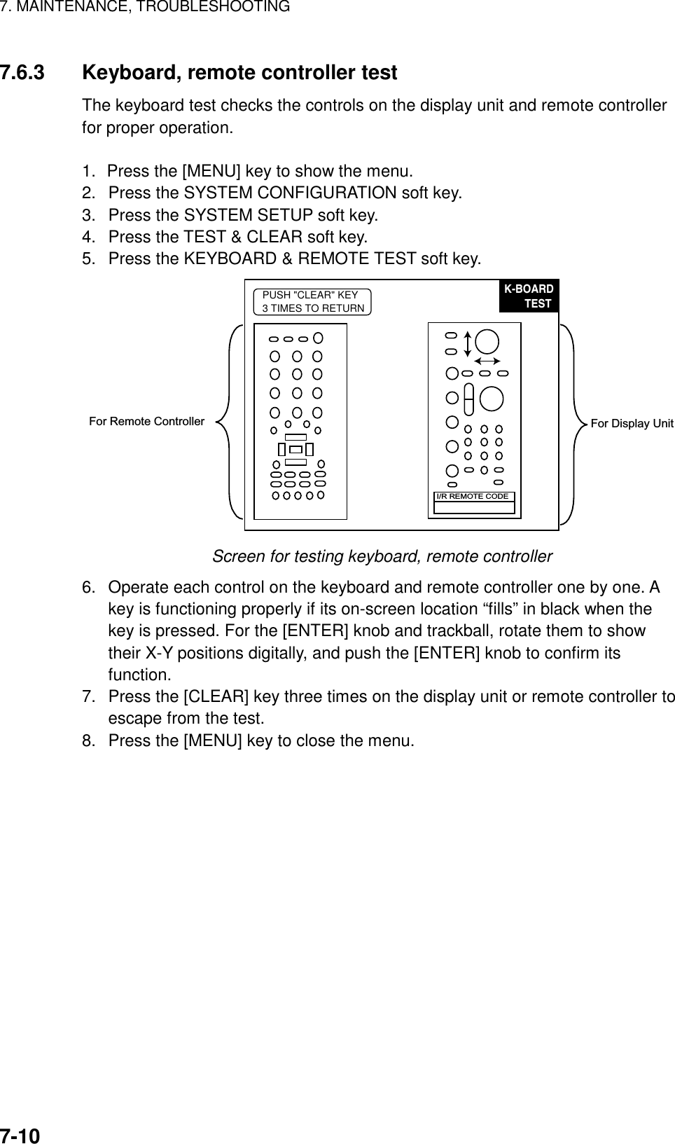 7. MAINTENANCE, TROUBLESHOOTING    7-107.6.3  Keyboard, remote controller test The keyboard test checks the controls on the display unit and remote controller for proper operation.  1.  Press the [MENU] key to show the menu. 2.  Press the SYSTEM CONFIGURATION soft key. 3.  Press the SYSTEM SETUP soft key. 4.  Press the TEST &amp; CLEAR soft key. 5.  Press the KEYBOARD &amp; REMOTE TEST soft key. For Remote Controller For Display UnitPUSH &quot;CLEAR&quot; KEY3 TIMES TO RETURNK-BOARD       TESTI/R REMOTE CODE Screen for testing keyboard, remote controller 6.  Operate each control on the keyboard and remote controller one by one. A key is functioning properly if its on-screen location “fills” in black when the key is pressed. For the [ENTER] knob and trackball, rotate them to show their X-Y positions digitally, and push the [ENTER] knob to confirm its function. 7.  Press the [CLEAR] key three times on the display unit or remote controller to escape from the test. 8.  Press the [MENU] key to close the menu.  