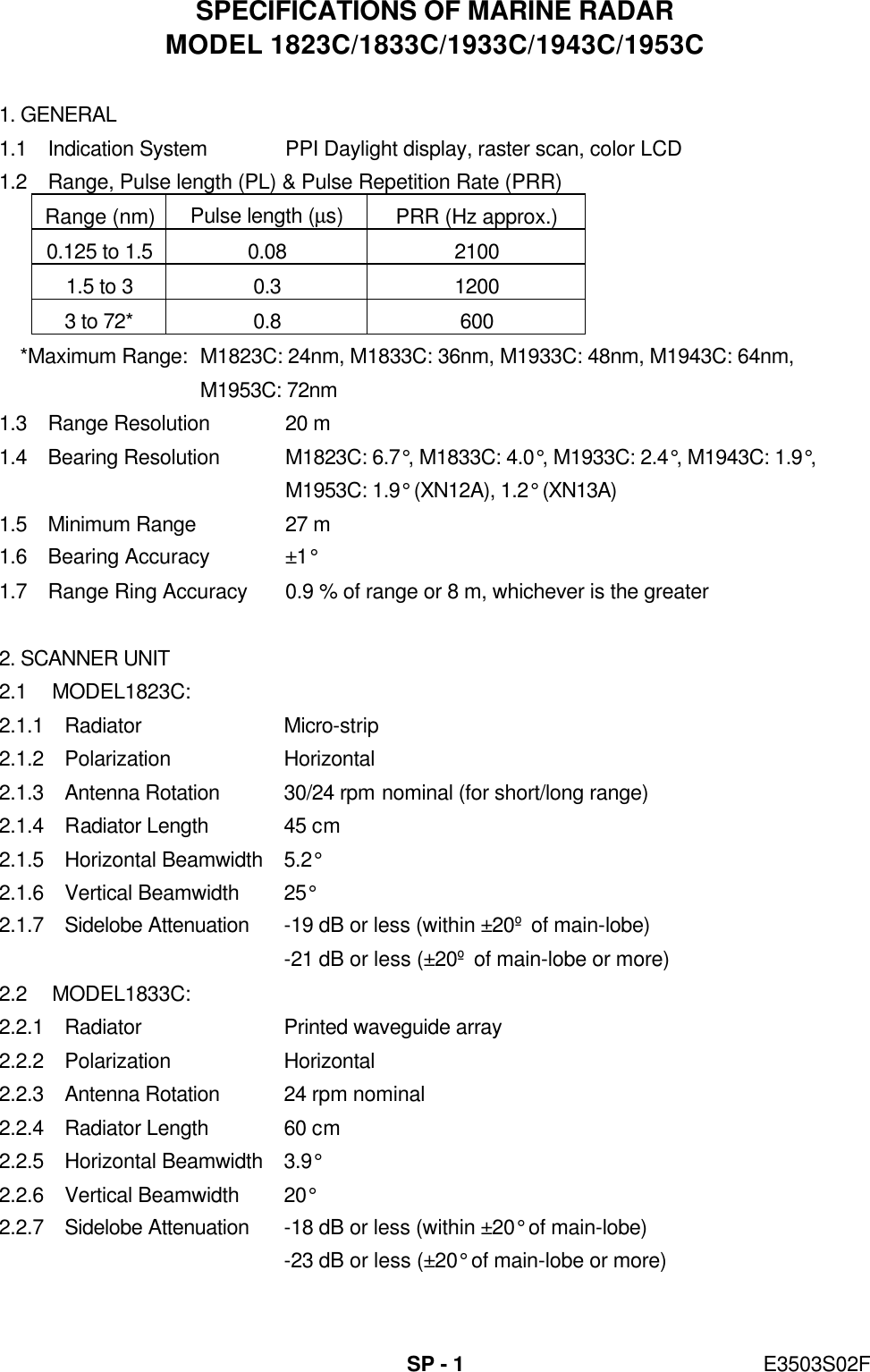   SP - 1 E3503S02F SPECIFICATIONS OF MARINE RADAR MODEL 1823C/1833C/1933C/1943C/1953C  1. GENERAL 1.1 Indication System PPI Daylight display, raster scan, color LCD 1.2 Range, Pulse length (PL) &amp; Pulse Repetition Rate (PRR) Range (nm) Pulse length (µs) PRR (Hz approx.) 0.125 to 1.5 0.08 2100 1.5 to 3 0.3 1200 3 to 72* 0.8 600  *Maximum Range: M1823C: 24nm, M1833C: 36nm, M1933C: 48nm, M1943C: 64nm,     M1953C: 72nm 1.3 Range Resolution 20 m 1.4 Bearing Resolution M1823C: 6.7°, M1833C: 4.0°, M1933C: 2.4°, M1943C: 1.9°,  M1953C: 1.9° (XN12A), 1.2° (XN13A) 1.5 Minimum Range 27 m 1.6 Bearing Accuracy ±1° 1.7 Range Ring Accuracy 0.9 % of range or 8 m, whichever is the greater  2. SCANNER UNIT 2.1 MODEL1823C: 2.1.1 Radiator Micro-strip 2.1.2 Polarization Horizontal 2.1.3 Antenna Rotation 30/24 rpm nominal (for short/long range) 2.1.4 Radiator Length 45 cm 2.1.5 Horizontal Beamwidth 5.2° 2.1.6 Vertical Beamwidth 25° 2.1.7 Sidelobe Attenuation -19 dB or less (within ±20º  of main-lobe)  -21 dB or less (±20º  of main-lobe or more) 2.2 MODEL1833C: 2.2.1 Radiator Printed waveguide array 2.2.2 Polarization Horizontal 2.2.3 Antenna Rotation 24 rpm nominal 2.2.4 Radiator Length 60 cm 2.2.5 Horizontal Beamwidth 3.9° 2.2.6 Vertical Beamwidth 20° 2.2.7 Sidelobe Attenuation -18 dB or less (within ±20° of main-lobe)  -23 dB or less (±20° of main-lobe or more) 