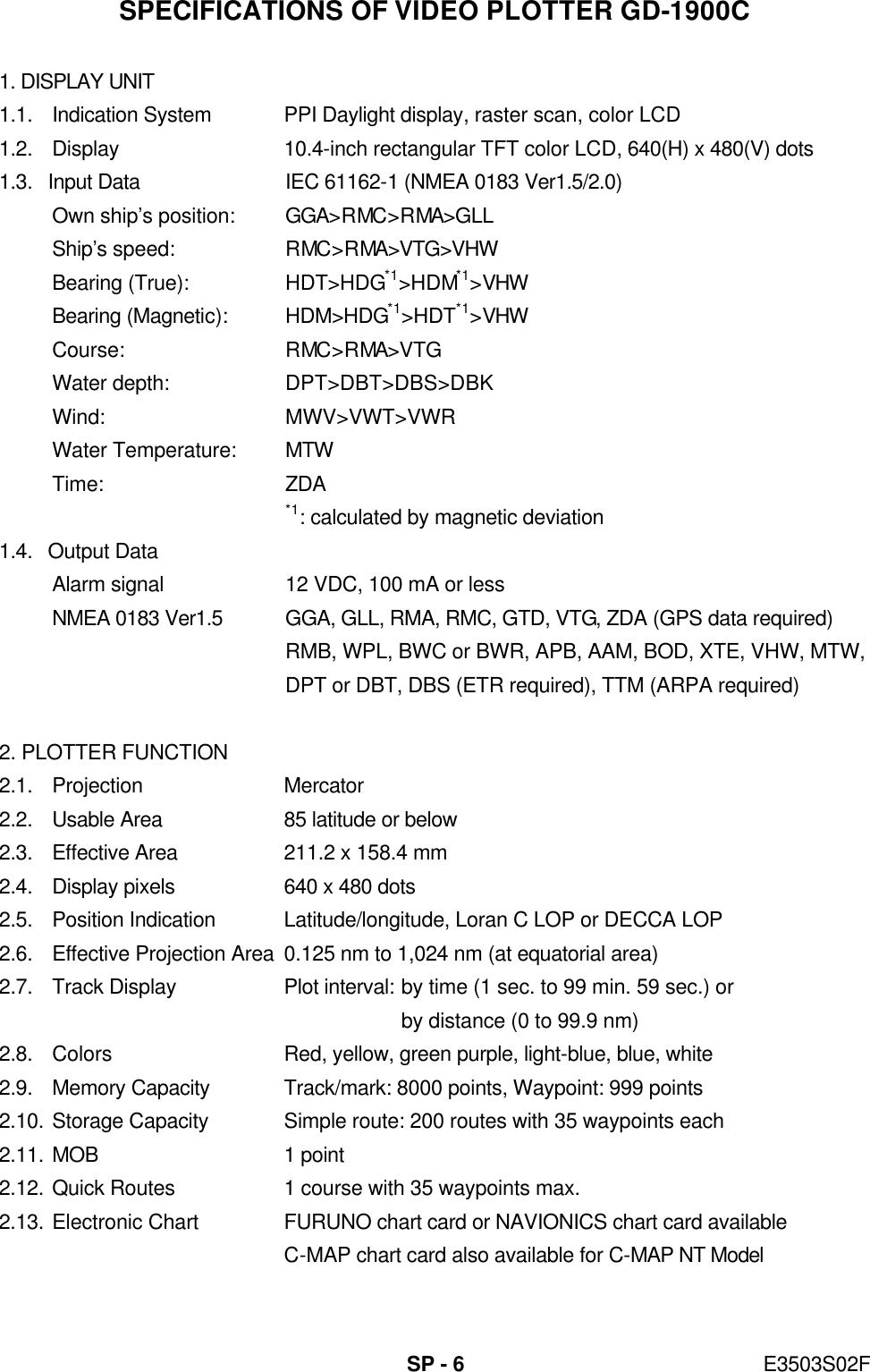   SP - 6 E3503S02F SPECIFICATIONS OF VIDEO PLOTTER GD-1900C  1. DISPLAY UNIT 1.1. Indication System PPI Daylight display, raster scan, color LCD 1.2. Display 10.4-inch rectangular TFT color LCD, 640(H) x 480(V) dots 1.3. Input Data IEC 61162-1 (NMEA 0183 Ver1.5/2.0) Own ship’s position: GGA&gt;RMC&gt;RMA&gt;GLL Ship’s speed: RMC&gt;RMA&gt;VTG&gt;VHW Bearing (True): HDT&gt;HDG*1&gt;HDM*1&gt;VHW Bearing (Magnetic): HDM&gt;HDG*1&gt;HDT*1&gt;VHW Course: RMC&gt;RMA&gt;VTG Water depth: DPT&gt;DBT&gt;DBS&gt;DBK Wind: MWV&gt;VWT&gt;VWR Water Temperature: MTW Time: ZDA  *1: calculated by magnetic deviation 1.4. Output Data Alarm signal 12 VDC, 100 mA or less NMEA 0183 Ver1.5 GGA, GLL, RMA, RMC, GTD, VTG, ZDA (GPS data required)  RMB, WPL, BWC or BWR, APB, AAM, BOD, XTE, VHW, MTW,  DPT or DBT, DBS (ETR required), TTM (ARPA required)  2. PLOTTER FUNCTION 2.1. Projection Mercator 2.2. Usable Area 85 latitude or below 2.3. Effective Area 211.2 x 158.4 mm 2.4. Display pixels 640 x 480 dots 2.5. Position Indication Latitude/longitude, Loran C LOP or DECCA LOP 2.6. Effective Projection Area 0.125 nm to 1,024 nm (at equatorial area) 2.7. Track Display Plot interval: by time (1 sec. to 99 min. 59 sec.) or       by distance (0 to 99.9 nm) 2.8. Colors Red, yellow, green purple, light-blue, blue, white 2.9. Memory Capacity Track/mark: 8000 points, Waypoint: 999 points 2.10. Storage Capacity Simple route: 200 routes with 35 waypoints each 2.11. MOB 1 point 2.12. Quick Routes 1 course with 35 waypoints max. 2.13. Electronic Chart FURUNO chart card or NAVIONICS chart card available  C-MAP chart card also available for C-MAP NT Model 