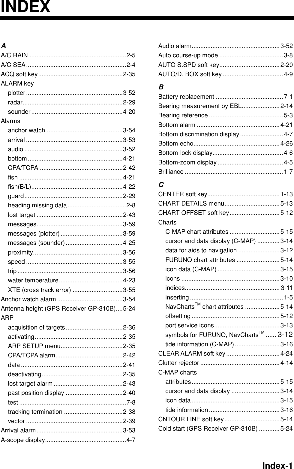   Index-1INDEXA A/C RAIN ........................................................2-5 A/C SEA..........................................................2-4 ACQ soft key.................................................2-35 ALARM key plotter........................................................3-52 radar..........................................................2-29 sounder.....................................................4-20 Alarms anchor watch ............................................3-54 arrival ........................................................3-53 audio .........................................................3-52 bottom.......................................................4-21 CPA/TCPA ................................................2-42 fish ............................................................4-21 fish(B/L).....................................................4-22 guard.........................................................2-29 heading missing data..................................2-8 lost target ..................................................2-43 messages..................................................3-59 messages (plotter) ....................................3-59 messages (sounder) .................................4-25 proximity....................................................3-56 speed ........................................................3-55 trip.............................................................3-56 water temperature.....................................4-23 XTE (cross track error) .............................3-55 Anchor watch alarm ......................................3-54 Antenna height (GPS Receiver GP-310B)....5-24 ARP acquisition of targets.................................2-36 activating...................................................2-35 ARP SETUP menu....................................2-35 CPA/TCPA alarm.......................................2-42 data...........................................................2-41 deactivating...............................................2-35 lost target alarm ........................................2-43 past position display .................................2-40 test ..............................................................7-8 tracking termination ..................................2-38 vector ........................................................2-39 Arrival alarm..................................................3-53 A-scope display...............................................4-7 Audio alarm...................................................3-52 Auto course-up mode .....................................3-8 AUTO S.SPD soft key...................................2-20 AUTO/D. BOX soft key ...................................4-9 B Battery replacement .......................................7-1 Bearing measurement by EBL......................2-14 Bearing reference ...........................................5-3 Bottom alarm ................................................4-21 Bottom discrimination display.........................4-7 Bottom echo..................................................4-26 Bottom-lock display.........................................4-6 Bottom-zoom display......................................4-5 Brilliance .........................................................1-7 C CENTER soft key..........................................1-13 CHART DETAILS menu................................5-13 CHART OFFSET soft key.............................5-12 Charts C-MAP chart attributes .............................5-15 cursor and data display (C-MAP) .............3-14 data for aids to navigation ........................3-12 FURUNO chart attributes .........................5-14 icon data (C-MAP) ....................................3-15 icons .........................................................3-10 indices....................................................... 3-11 inserting ......................................................1-5 NavChartsTM chart attributes ....................5-14 offsetting ...................................................5-12 port service icons......................................3-13 symbols for FURUNO, NavChartsTM ...... 3-12 tide information (C-MAP)..........................3-16 CLEAR ALARM soft key ...............................4-24 Clutter rejector ..............................................4-14 C-MAP charts attributes...................................................5-15 cursor and data display ............................3-14 icon data ...................................................3-15 tide information.........................................3-16 CNTOUR LINE soft key................................5-14 Cold start (GPS Receiver GP-310B) ............5-24 