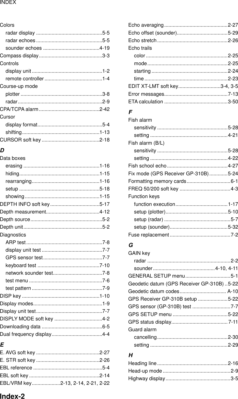 INDEX    Index-2  Colors radar display ...............................................5-5 radar echoes...............................................5-5 sounder echoes ........................................4-19 Compass display.............................................3-3 Controls display unit ..................................................1-2 remote controller.........................................1-4 Course-up mode plotter ..........................................................3-8 radar............................................................2-9 CPA/TCPA alarm...........................................2-42 Cursor display format..............................................5-4 shifting.......................................................1-13 CURSOR soft key .........................................2-18 D Data boxes erasing ......................................................1-16 hiding.........................................................1-15 rearranging................................................1-16 setup .........................................................5-18 showing.....................................................1-15 DEPTH INFO soft key...................................5-17 Depth measurement......................................4-12 Depth source...................................................5-2 Depth unit........................................................5-2 Diagnostics ARP test......................................................7-8 display unit test ...........................................7-7 GPS sensor test..........................................7-7 keyboard test ............................................7-10 network sounder test...................................7-8 test menu ....................................................7-6 test pattern ..................................................7-9 DISP key .......................................................1-10 Display modes.................................................1-9 Display unit test...............................................7-7 DISPLY MODE soft key ..................................4-2 Downloading data ...........................................6-5 Dual frequency display....................................4-4 E E. AVG soft key .............................................2-27 E. STR soft key .............................................2-26 EBL reference .................................................5-4 EBL soft key ..................................................2-14 EBL/VRM key....................2-13, 2-14, 2-21, 2-22 Echo averaging.............................................2-27 Echo offset (sounder)....................................5-29 Echo stretch..................................................2-26 Echo trails color ..........................................................2-25 mode.........................................................2-25 starting ......................................................2-24 time ...........................................................2-23 EDIT XT-LMT soft key..............................3-4, 3-5 Error messages.............................................7-13 ETA calculation .............................................3-50 F Fish alarm sensitivity ..................................................5-28 setting .......................................................4-21 Fish alarm (B/L) sensitivity ..................................................5-28 setting .......................................................4-22 Fish school echo...........................................4-27 Fix mode (GPS Receiver GP-310B).............5-24 Formatting memory cards...............................6-1 FREQ 50/200 soft key ....................................4-3 Function keys function execution.....................................1-17 setup (plotter)............................................5-10 setup (radar) ...............................................5-7 setup (sounder).........................................5-32 Fuse replacement ...........................................7-2 G GAIN key radar ...........................................................2-2 sounder............................................4-10, 4-11 GENERAL SETUP menu................................5-1 Geodetic datum (GPS Receiver GP-310B) ..5-22 Geodetic datum codes................................. A-10 GPS Receiver GP-310B setup .....................5-22 GPS sensor (GP-310B) test ...........................7-7 GPS SETUP menu .......................................5-22 GPS status display........................................ 7-11 Guard alarm cancelling..................................................2-30 setting .......................................................2-29 H Heading line..................................................2-16 Head-up mode ................................................2-9 Highway display..............................................3-5 