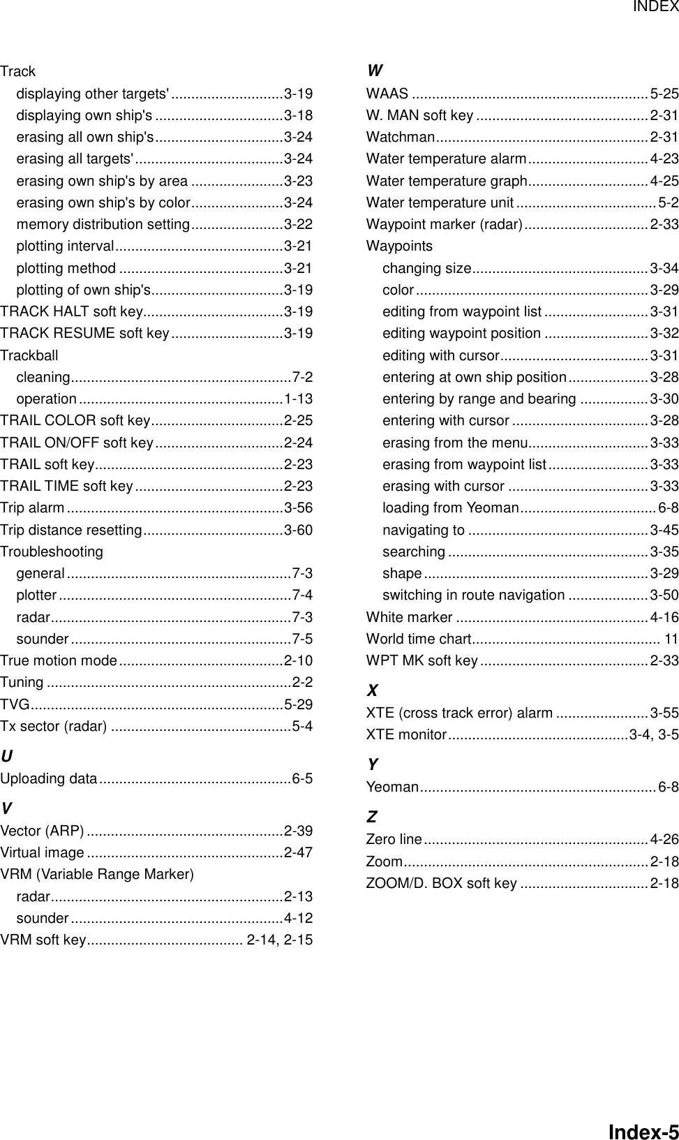 INDEX    Index-5Track displaying other targets&apos;............................3-19 displaying own ship&apos;s ................................3-18 erasing all own ship&apos;s................................3-24 erasing all targets&apos;.....................................3-24 erasing own ship&apos;s by area .......................3-23 erasing own ship&apos;s by color.......................3-24 memory distribution setting.......................3-22 plotting interval..........................................3-21 plotting method .........................................3-21 plotting of own ship&apos;s.................................3-19 TRACK HALT soft key...................................3-19 TRACK RESUME soft key............................3-19 Trackball cleaning.......................................................7-2 operation...................................................1-13 TRAIL COLOR soft key.................................2-25 TRAIL ON/OFF soft key................................2-24 TRAIL soft key...............................................2-23 TRAIL TIME soft key.....................................2-23 Trip alarm......................................................3-56 Trip distance resetting...................................3-60 Troubleshooting general........................................................7-3 plotter..........................................................7-4 radar............................................................7-3 sounder.......................................................7-5 True motion mode.........................................2-10 Tuning .............................................................2-2 TVG...............................................................5-29 Tx sector (radar) .............................................5-4 U Uploading data................................................6-5 V Vector (ARP).................................................2-39 Virtual image .................................................2-47 VRM (Variable Range Marker) radar..........................................................2-13 sounder.....................................................4-12 VRM soft key....................................... 2-14, 2-15 W WAAS ...........................................................5-25 W. MAN soft key ...........................................2-31 Watchman.....................................................2-31 Water temperature alarm..............................4-23 Water temperature graph..............................4-25 Water temperature unit...................................5-2 Waypoint marker (radar)...............................2-33 Waypoints changing size............................................3-34 color..........................................................3-29 editing from waypoint list..........................3-31 editing waypoint position ..........................3-32 editing with cursor.....................................3-31 entering at own ship position....................3-28 entering by range and bearing .................3-30 entering with cursor ..................................3-28 erasing from the menu..............................3-33 erasing from waypoint list.........................3-33 erasing with cursor ...................................3-33 loading from Yeoman..................................6-8 navigating to .............................................3-45 searching ..................................................3-35 shape........................................................3-29 switching in route navigation ....................3-50 White marker ................................................4-16 World time chart............................................... 11 WPT MK soft key..........................................2-33 X XTE (cross track error) alarm .......................3-55 XTE monitor.............................................3-4, 3-5 Y Yeoman...........................................................6-8 Z Zero line........................................................4-26 Zoom.............................................................2-18 ZOOM/D. BOX soft key ................................2-18     
