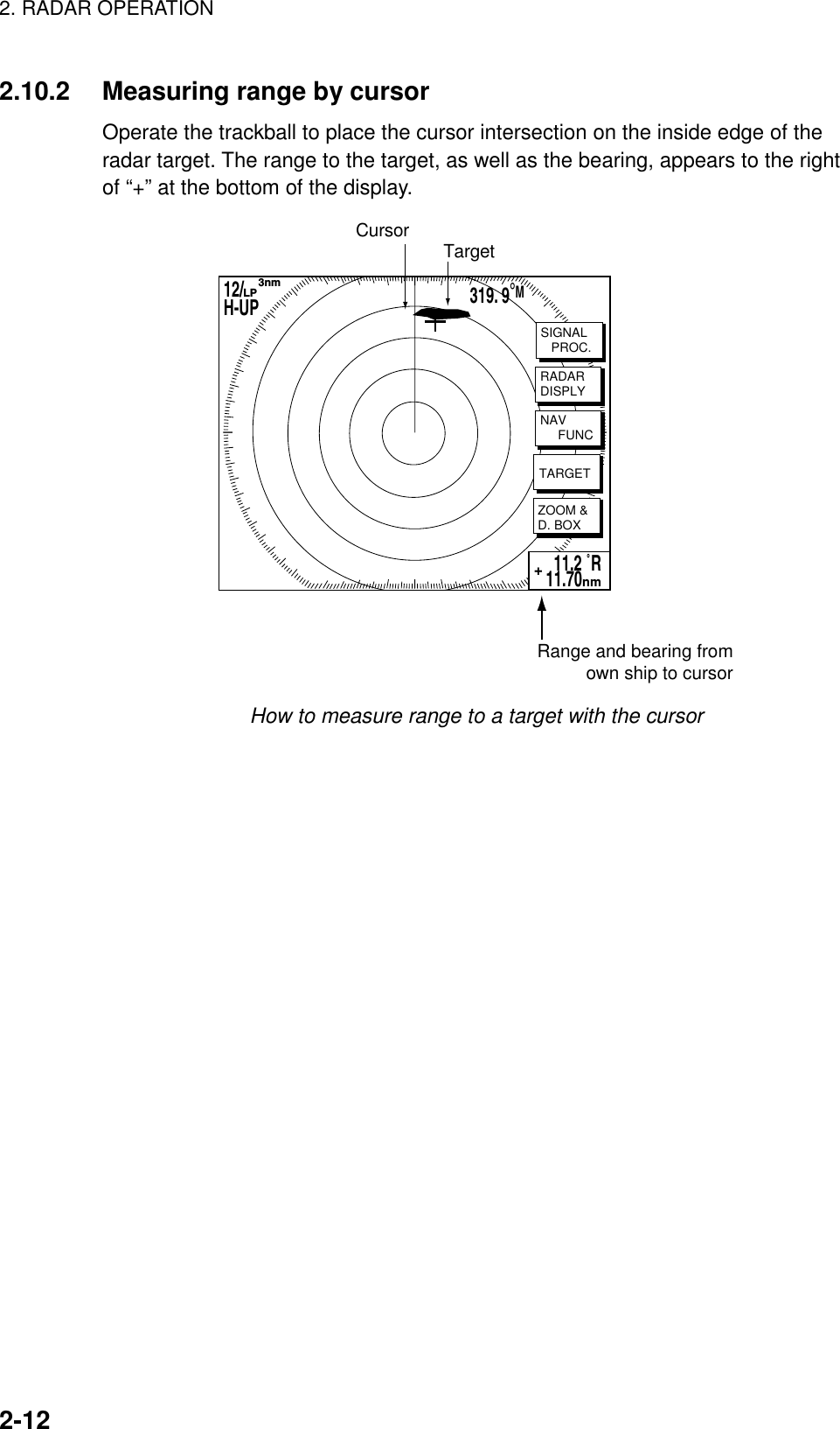 2. RADAR OPERATION    2-122.10.2  Measuring range by cursor Operate the trackball to place the cursor intersection on the inside edge of the radar target. The range to the target, as well as the bearing, appears to the right of “+” at the bottom of the display. 11.2 ˚R 11.70nm+Cursor TargetRange and bearing fromown ship to cursor319. 9°M12/        H-UP      3nmLPZOOM &amp;D. BOXSIGNAL   PROC.RADARDISPLYTARGETNAV     FUNC How to measure range to a target with the cursor  