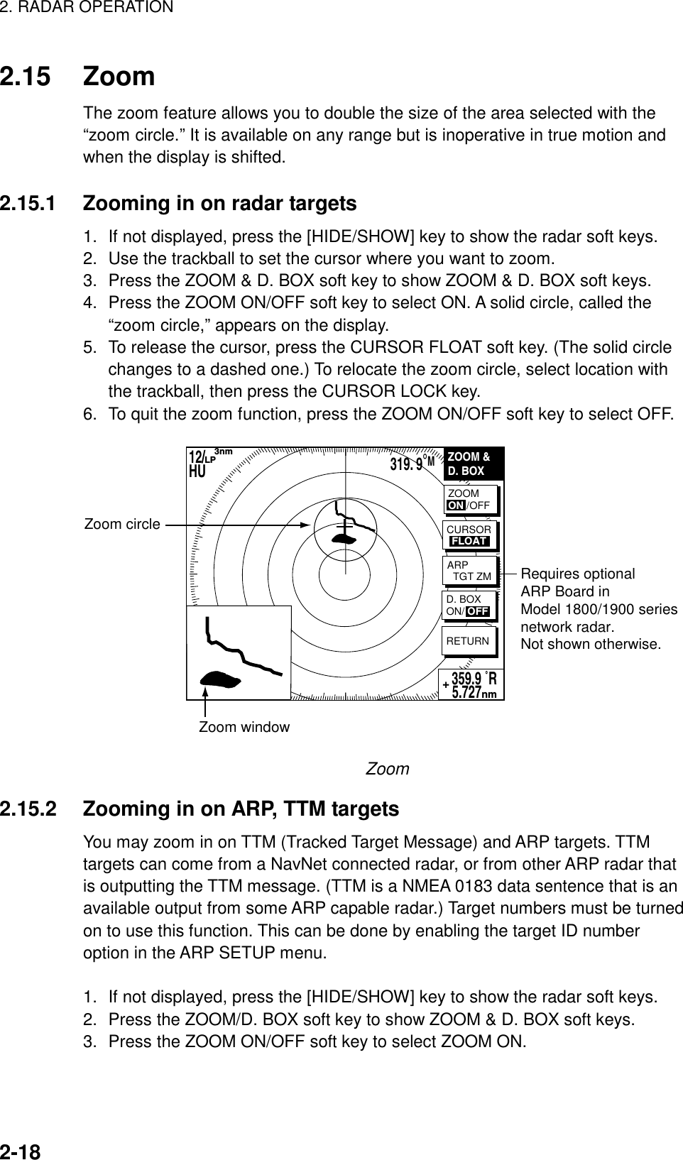 2. RADAR OPERATION    2-182.15 Zoom The zoom feature allows you to double the size of the area selected with the “zoom circle.” It is available on any range but is inoperative in true motion and when the display is shifted.  2.15.1  Zooming in on radar targets 1.  If not displayed, press the [HIDE/SHOW] key to show the radar soft keys. 2.  Use the trackball to set the cursor where you want to zoom. 3.  Press the ZOOM &amp; D. BOX soft key to show ZOOM &amp; D. BOX soft keys. 4.  Press the ZOOM ON/OFF soft key to select ON. A solid circle, called the “zoom circle,” appears on the display. 5.  To release the cursor, press the CURSOR FLOAT soft key. (The solid circle changes to a dashed one.) To relocate the zoom circle, select location with the trackball, then press the CURSOR LOCK key. 6.  To quit the zoom function, press the ZOOM ON/OFF soft key to select OFF. ZOOM &amp;D. BOX12/HU     3nmLP319. 9°MZoom circleZoom windowRequires optionalARP Board inModel 1800/1900 seriesnetwork radar.Not shown otherwise.RETURN359.9 ˚R 5.727nm+ZOOMON /OFFCURSORFLOATD. BOXON/ OFFARP  TGT ZM Zoom 2.15.2  Zooming in on ARP, TTM targets You may zoom in on TTM (Tracked Target Message) and ARP targets. TTM targets can come from a NavNet connected radar, or from other ARP radar that is outputting the TTM message. (TTM is a NMEA 0183 data sentence that is an available output from some ARP capable radar.) Target numbers must be turned on to use this function. This can be done by enabling the target ID number option in the ARP SETUP menu.  1.  If not displayed, press the [HIDE/SHOW] key to show the radar soft keys. 2.  Press the ZOOM/D. BOX soft key to show ZOOM &amp; D. BOX soft keys. 3.  Press the ZOOM ON/OFF soft key to select ZOOM ON.   