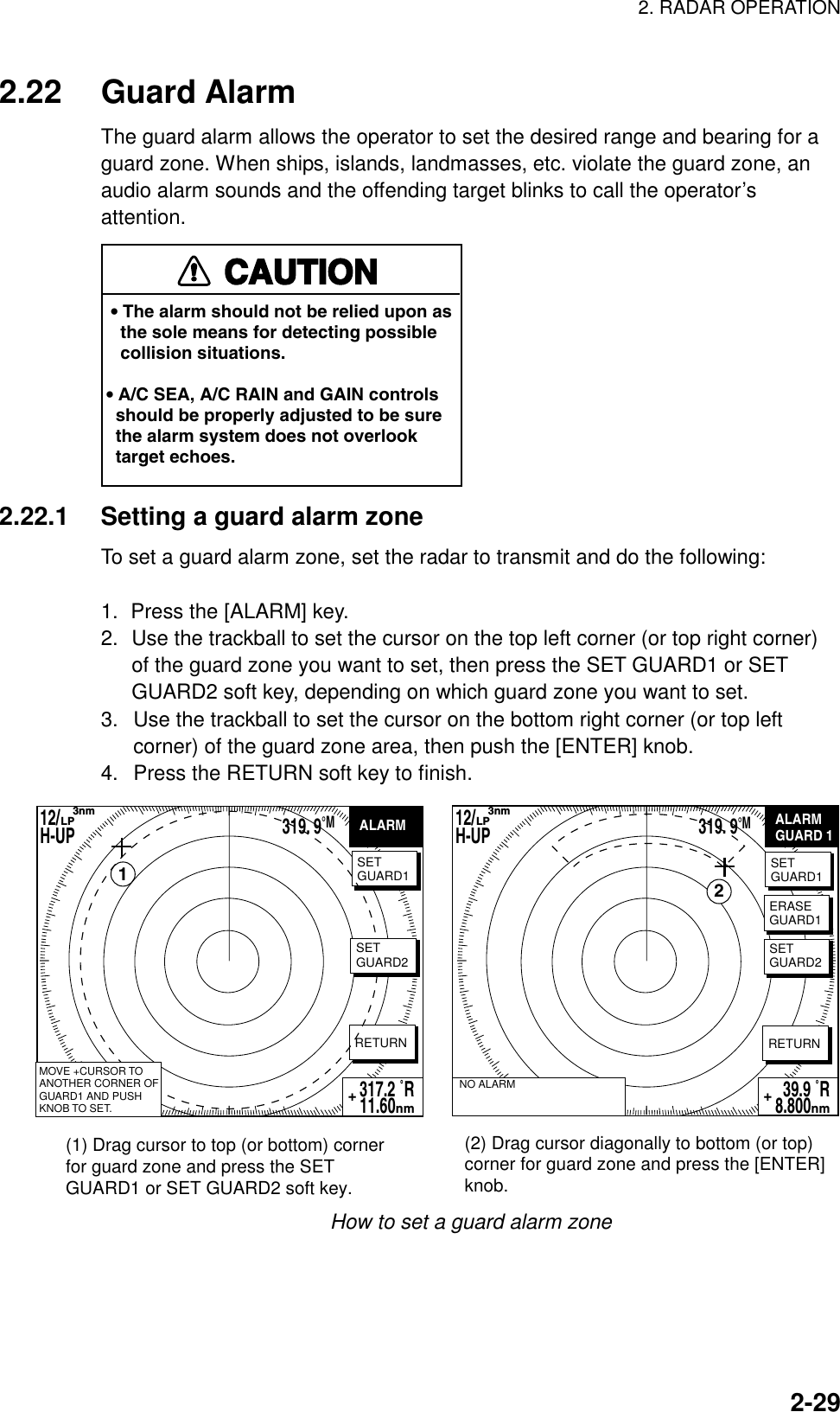 2. RADAR OPERATION    2-292.22 Guard Alarm The guard alarm allows the operator to set the desired range and bearing for a guard zone. When ships, islands, landmasses, etc. violate the guard zone, an audio alarm sounds and the offending target blinks to call the operator’s attention. CAUTION• The alarm should not be relied upon as   the sole means for detecting possible   collision situations.• A/C SEA, A/C RAIN and GAIN controls  should be properly adjusted to be sure  the alarm system does not overlook  target echoes. 2.22.1  Setting a guard alarm zone To set a guard alarm zone, set the radar to transmit and do the following:  1.  Press the [ALARM] key. 2.  Use the trackball to set the cursor on the top left corner (or top right corner) of the guard zone you want to set, then press the SET GUARD1 or SET GUARD2 soft key, depending on which guard zone you want to set. 3.  Use the trackball to set the cursor on the bottom right corner (or top left corner) of the guard zone area, then push the [ENTER] knob. 4.  Press the RETURN soft key to finish. (1) Drag cursor to top (or bottom) cornerfor guard zone and press the SETGUARD1 or SET GUARD2 soft key. (2) Drag cursor diagonally to bottom (or top) corner for guard zone and press the [ENTER]knob. 12/H-UP     3nmLP319. 9°M317.2 ˚R 11.60nm+SETGUARD1RETURN12/H-UP     3nmLP39.9 ˚R    8.800nm+NO ALARMERASEGUARD1SETGUARD2SETGUARD1RETURNALARM ALARMGUARD 1319. 9°M1MOVE +CURSOR TOANOTHER CORNER OFGUARD1 AND PUSHKNOB TO SET.SETGUARD22 How to set a guard alarm zone 