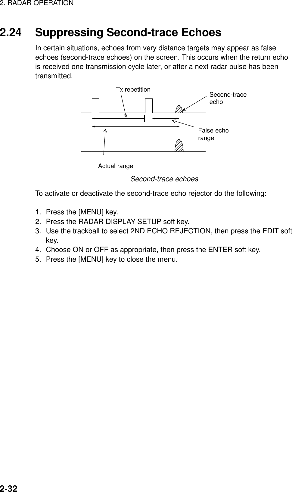 2. RADAR OPERATION    2-322.24 Suppressing Second-trace Echoes In certain situations, echoes from very distance targets may appear as false echoes (second-trace echoes) on the screen. This occurs when the return echo is received one transmission cycle later, or after a next radar pulse has been transmitted. Second-traceechoTx repetitionActual rangeFalse echorange Second-trace echoes To activate or deactivate the second-trace echo rejector do the following:  1.  Press the [MENU] key. 2.  Press the RADAR DISPLAY SETUP soft key. 3.  Use the trackball to select 2ND ECHO REJECTION, then press the EDIT soft key. 4.  Choose ON or OFF as appropriate, then press the ENTER soft key. 5.  Press the [MENU] key to close the menu.   