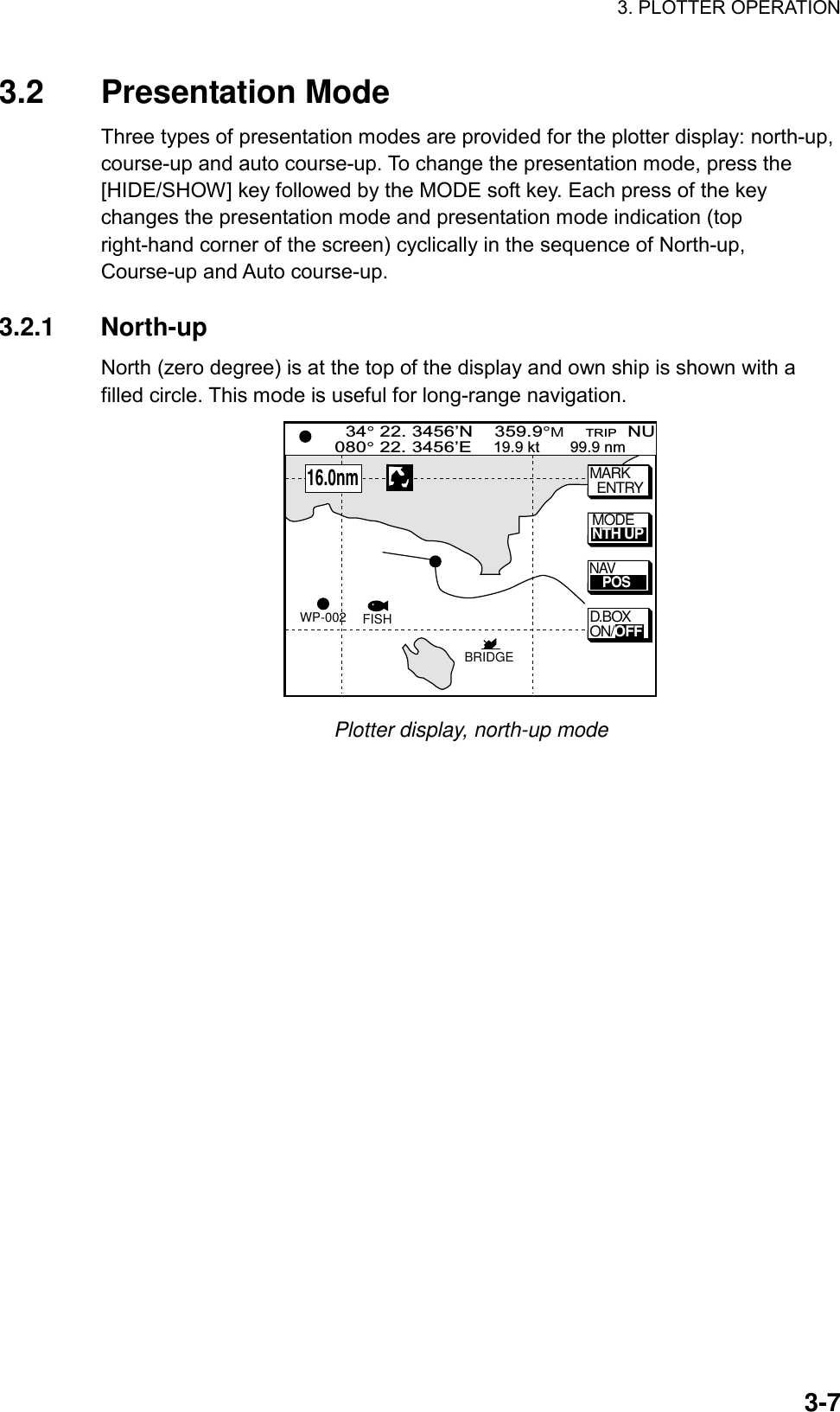 3. PLOTTER OPERATION    3-73.2 Presentation Mode Three types of presentation modes are provided for the plotter display: north-up, course-up and auto course-up. To change the presentation mode, press the [HIDE/SHOW] key followed by the MODE soft key. Each press of the key changes the presentation mode and presentation mode indication (top right-hand corner of the screen) cyclically in the sequence of North-up, Course-up and Auto course-up.  3.2.1 North-up North (zero degree) is at the top of the display and own ship is shown with a filled circle. This mode is useful for long-range navigation. MARK  ENTRYBRIDGEFISHWP-002MODENTH UPNAV    POS  34° 22. 3456’N    359.9°M    TRIP  NU080° 22. 3456’E    19.9 kt       99.9 nm  16.0nmD.BOXON/OFF Plotter display, north-up mode 