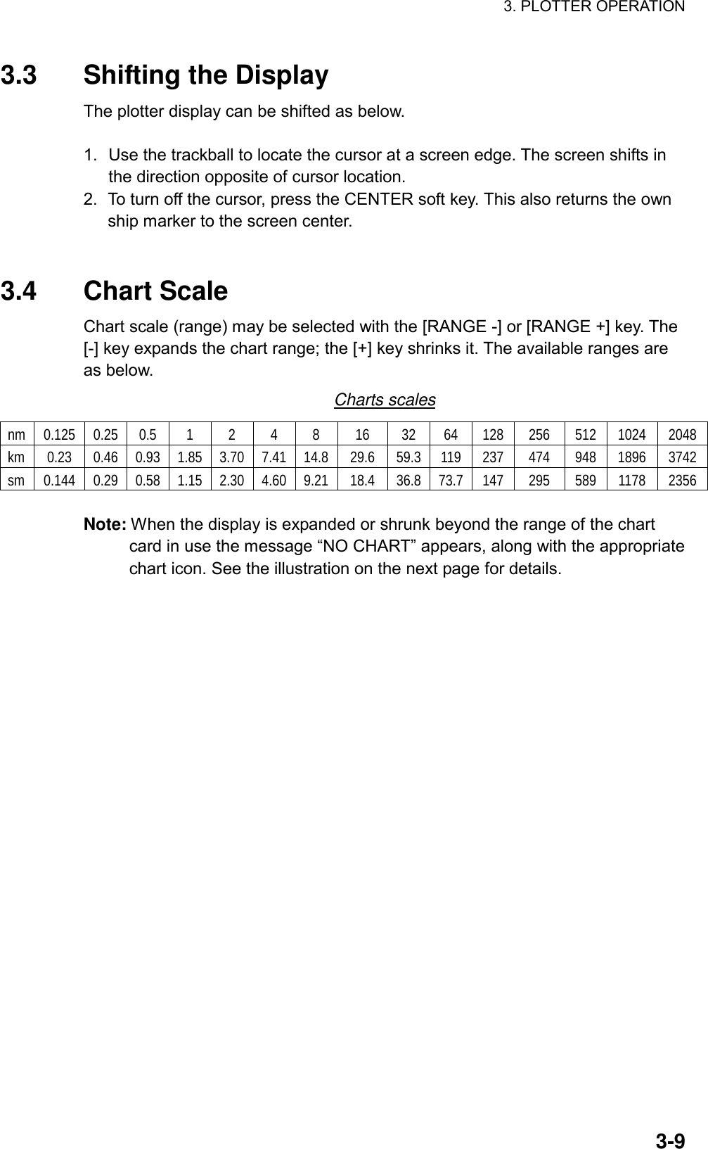 3. PLOTTER OPERATION    3-93.3  Shifting the Display The plotter display can be shifted as below.  1.  Use the trackball to locate the cursor at a screen edge. The screen shifts in the direction opposite of cursor location. 2.  To turn off the cursor, press the CENTER soft key. This also returns the own ship marker to the screen center.   3.4 Chart Scale Chart scale (range) may be selected with the [RANGE -] or [RANGE +] key. The [-] key expands the chart range; the [+] key shrinks it. The available ranges are as below. Charts scales nm 0.125 0.25 0.5 1 2 4 8 16 32 64 128 256 512 1024 2048 km 0.23 0.46 0.93 1.85 3.70 7.41 14.8 29.6 59.3 119 237  474  948 1896 3742 sm 0.144 0.29 0.58 1.15 2.30 4.60 9.21  18.4 36.8 73.7 147  295  589  1178  2356  Note: When the display is expanded or shrunk beyond the range of the chart card in use the message “NO CHART” appears, along with the appropriate chart icon. See the illustration on the next page for details.    