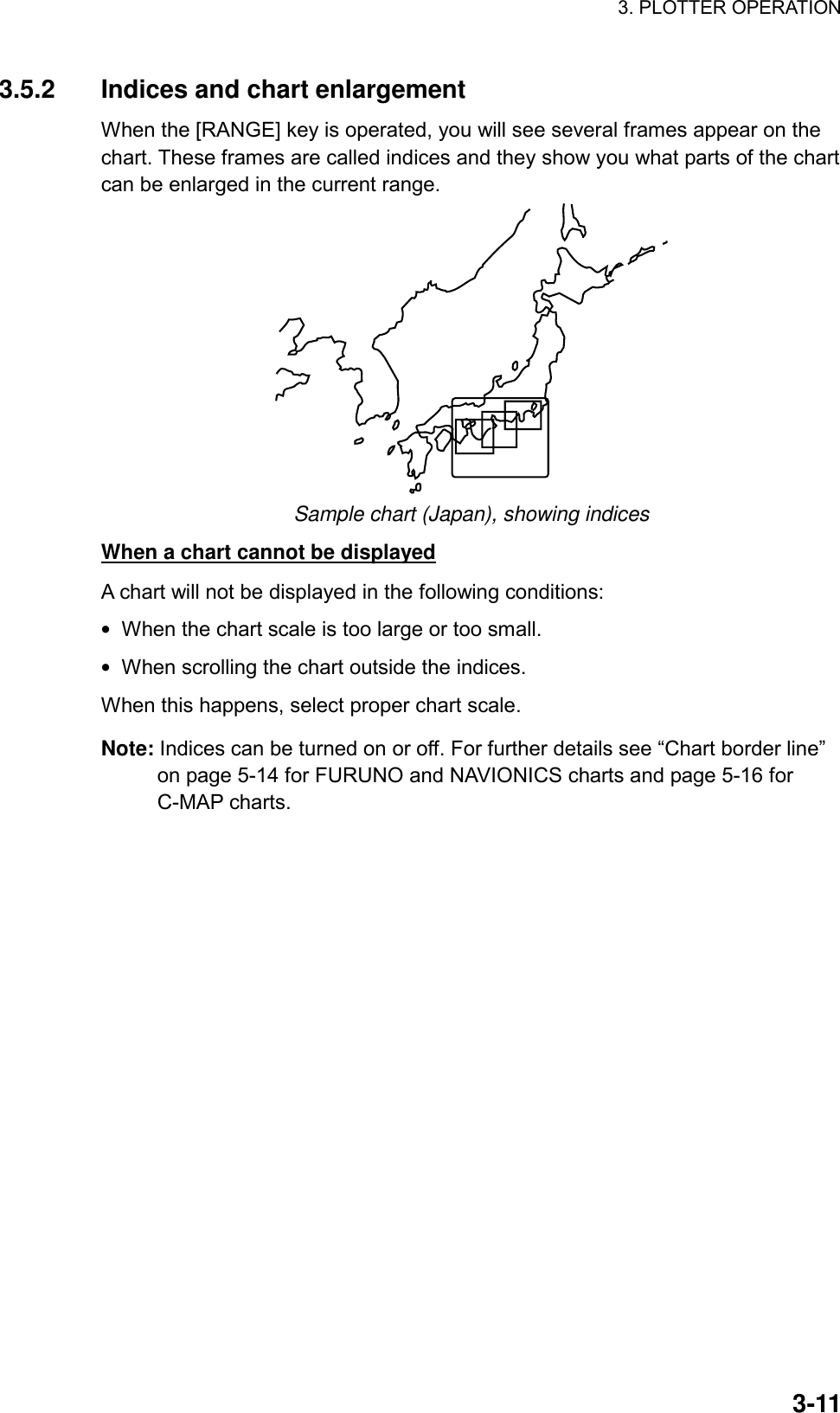 3. PLOTTER OPERATION    3-113.5.2  Indices and chart enlargement When the [RANGE] key is operated, you will see several frames appear on the chart. These frames are called indices and they show you what parts of the chart can be enlarged in the current range.  Sample chart (Japan), showing indices When a chart cannot be displayed A chart will not be displayed in the following conditions: •  When the chart scale is too large or too small. •  When scrolling the chart outside the indices. When this happens, select proper chart scale. Note: Indices can be turned on or off. For further details see “Chart border line” on page 5-14 for FURUNO and NAVIONICS charts and page 5-16 for C-MAP charts.  