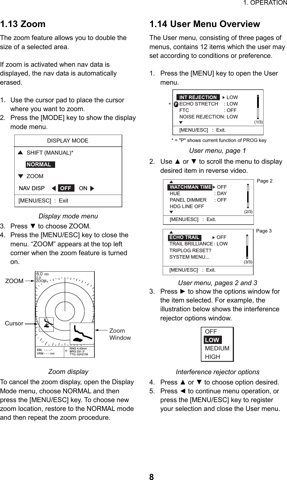                                                                        1. OPERATION  81.13 Zoom The zoom feature allows you to double the size of a selected area.  If zoom is activated when nav data is displayed, the nav data is automatically erased.  1.  Use the cursor pad to place the cursor where you want to zoom. 2.  Press the [MODE] key to show the display mode menu.         DISPLAY MODE[MENU/ESC]  :  ExitSHIFT (MANUAL)*NORMALZOOMNAV DISP          OFF     ON Display mode menu 3. Press ▼ to choose ZOOM. 4.  Press the [MENU/ESC] key to close the menu. “ZOOM” appears at the top left corner when the zoom feature is turned on. 6.0nm2.0ZOOM ZoomWindowRNG 4.43nmBRG 231.3°TTG: 02H21M+CursorEBL  - - - .-°VRM - - - -nmZOOM Zoom display To cancel the zoom display, open the Display Mode menu, choose NORMAL and then press the [MENU/ESC] key. To choose new zoom location, restore to the NORMAL mode and then repeat the zoom procedure.   1.14 User Menu Overview The User menu, consisting of three pages of menus, contains 12 items which the user may set according to conditions or preference.  1.  Press the [MENU] key to open the User menu. P(1/3)INT REJECTION   LOWECHO STRETCH : LOWFTC : OFFNOISE REJECTION: LOW[MENU/ESC]   :  Exit.** = &quot;P&quot; shows current function of PROG key User menu, page 1 2. Use ▲ or ▼ to scroll the menu to display desired item in reverse video. Page 2(3/3)Page 3WATCHMAN TIME   OFFHUE : DAYPANEL DIMMER : OFFHDG LINE OFF[MENU/ESC]   :  Exit.(2/3)ECHO TRAIL   OFFTRAIL BRILLIANCE : LOWTRIPLOG RESET?SYSTEM MENU...[MENU/ESC]   :  Exit. User menu, pages 2 and 3 3. Press ► to show the options window for the item selected. For example, the illustration below shows the interference rejector options window. OFFLOWMEDIUMHIGH Interference rejector options 4. Press ▲ or ▼ to choose option desired. 5. Press ◄ to continue menu operation, or press the [MENU/ESC] key to register your selection and close the User menu. 