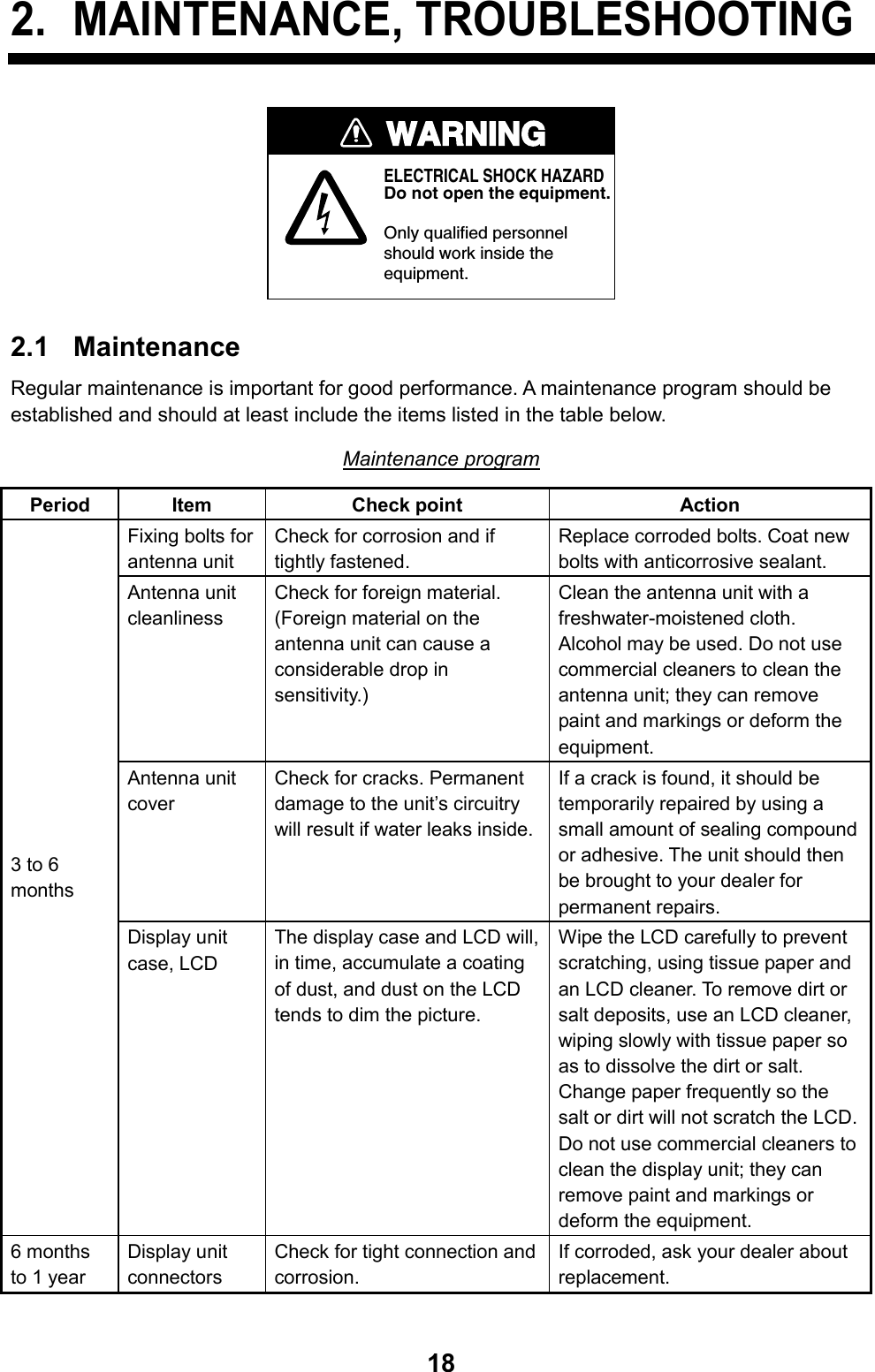   182. MAINTENANCE, TROUBLESHOOTINGWARNINGELECTRICAL SHOCK HAZARDDo not open the equipment.Only qualified personnelshould work inside theequipment.  2.1 Maintenance Regular maintenance is important for good performance. A maintenance program should be established and should at least include the items listed in the table below. Maintenance program Period Item  Check point  Action Fixing bolts for antenna unit Check for corrosion and if tightly fastened. Replace corroded bolts. Coat new bolts with anticorrosive sealant. Antenna unit cleanliness Check for foreign material. (Foreign material on the antenna unit can cause a considerable drop in sensitivity.) Clean the antenna unit with a freshwater-moistened cloth. Alcohol may be used. Do not use commercial cleaners to clean the antenna unit; they can remove paint and markings or deform the equipment. Antenna unit cover Check for cracks. Permanent damage to the unit’s circuitry will result if water leaks inside.If a crack is found, it should be temporarily repaired by using a small amount of sealing compound or adhesive. The unit should then be brought to your dealer for permanent repairs. 3 to 6 months Display unit case, LCD The display case and LCD will, in time, accumulate a coating of dust, and dust on the LCD tends to dim the picture. Wipe the LCD carefully to prevent scratching, using tissue paper and an LCD cleaner. To remove dirt or salt deposits, use an LCD cleaner, wiping slowly with tissue paper so as to dissolve the dirt or salt. Change paper frequently so the salt or dirt will not scratch the LCD. Do not use commercial cleaners to clean the display unit; they can remove paint and markings or deform the equipment. 6 months to 1 year Display unit connectors Check for tight connection and corrosion. If corroded, ask your dealer about replacement. 