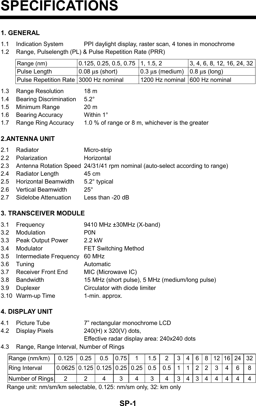   SP-1SPECIFICATIONS 1. GENERAL 1.1  Indication System  PPI daylight display, raster scan, 4 tones in monochrome 1.2  Range, Pulselength (PL) &amp; Pulse Repetition Rate (PRR) Range (nm) 0.125, 0.25, 0.5, 0.75 1, 1.5, 2  3, 4, 6, 8, 12, 16, 24, 32Pulse Length  0.08 µs (short)  0.3 µs (medium) 0.8 µs (long) Pulse Repetition Rate  3000 Hz nominal  1200 Hz nominal 600 Hz nominal 1.3  Range Resolution  18 m 1.4 Bearing Discrimination  5.2° 1.5  Minimum Range  20 m   1.6 Bearing Accuracy  Within 1° 1.7  Range Ring Accuracy  1.0 % of range or 8 m, whichever is the greater 2.ANTENNA UNIT 2.1 Radiator  Micro-strip 2.2 Polarization  Horizontal 2.3  Antenna Rotation Speed  24/31/41 rpm nominal (auto-select according to range) 2.4  Radiator Length  45 cm 2.5 Horizontal Beamwidth  5.2° typical 2.6 Vertical Beamwidth  25° 2.7  Sidelobe Attenuation  Less than -20 dB 3. TRANSCEIVER MODULE 3.1  Frequency  9410 MHz ±30MHz (X-band) 3.2 Modulation  P0N 3.3  Peak Output Power  2.2 kW 3.4  Modulator  FET Switching Method 3.5  Intermediate Frequency  60 MHz 3.6 Tuning  Automatic 3.7  Receiver Front End  MIC (Microwave IC) 3.8  Bandwidth  15 MHz (short pulse), 5 MHz (medium/long pulse) 3.9  Duplexer  Circulator with diode limiter 3.10 Warm-up Time  1-min. approx. 4. DISPLAY UNIT 4.1  Picture Tube  7” rectangular monochrome LCD 4.2  Display Pixels  240(H) x 320(V) dots,   Effective radar display area: 240x240 dots 4.3  Range, Range Interval, Number of Rings Range (nm/km) 0.125 0.25 0.5 0.75 1  1.5 2 3 4 6 8 12 16 24 32Ring Interval  0.0625  0.125  0.125 0.25 0.25 0.5 0.5 1 1 2  2  3  4  6 8Number of Rings  2  2  4  3  4  3  4  3 4 3  4  4  4  4 4    Range unit: nm/sm/km selectable, 0.125: nm/sm only, 32: km only 