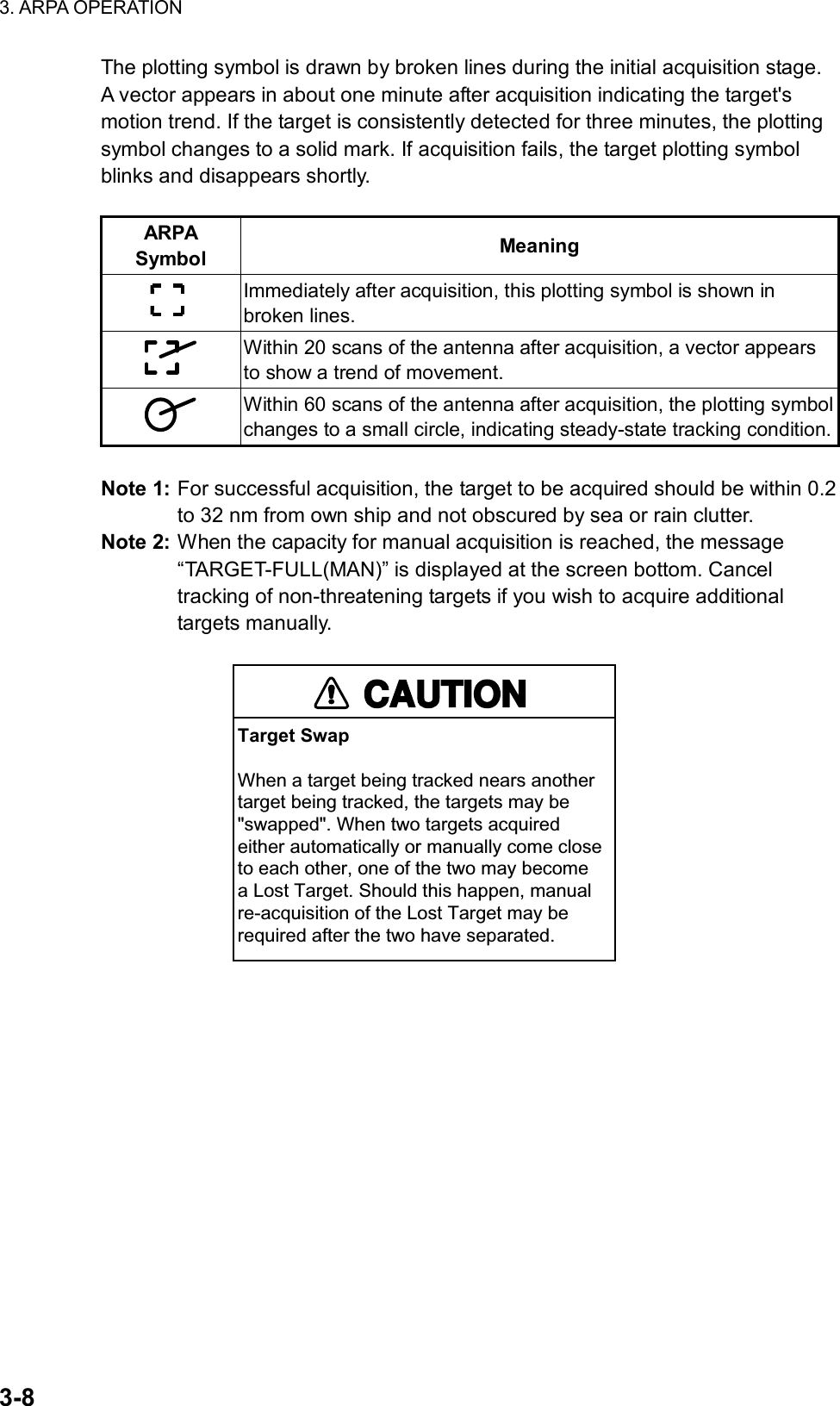 3. ARPA OPERATION  3-8 The plotting symbol is drawn by broken lines during the initial acquisition stage. A vector appears in about one minute after acquisition indicating the target&apos;s motion trend. If the target is consistently detected for three minutes, the plotting symbol changes to a solid mark. If acquisition fails, the target plotting symbol blinks and disappears shortly.  ARPA Symbol  Meaning   Immediately after acquisition, this plotting symbol is shown in broken lines.  Within 20 scans of the antenna after acquisition, a vector appears to show a trend of movement.  Within 60 scans of the antenna after acquisition, the plotting symbol changes to a small circle, indicating steady-state tracking condition. Note 1: For successful acquisition, the target to be acquired should be within 0.2 to 32 nm from own ship and not obscured by sea or rain clutter. Note 2: When the capacity for manual acquisition is reached, the message “TARGET-FULL(MAN)” is displayed at the screen bottom. Cancel tracking of non-threatening targets if you wish to acquire additional targets manually.  CAUTIONTarget SwapWhen a target being tracked nears anothertarget being tracked, the targets may be&quot;swapped&quot;. When two targets acquiredeither automatically or manually come closeto each other, one of the two may becomea Lost Target. Should this happen, manualre-acquisition of the Lost Target may berequired after the two have separated.  