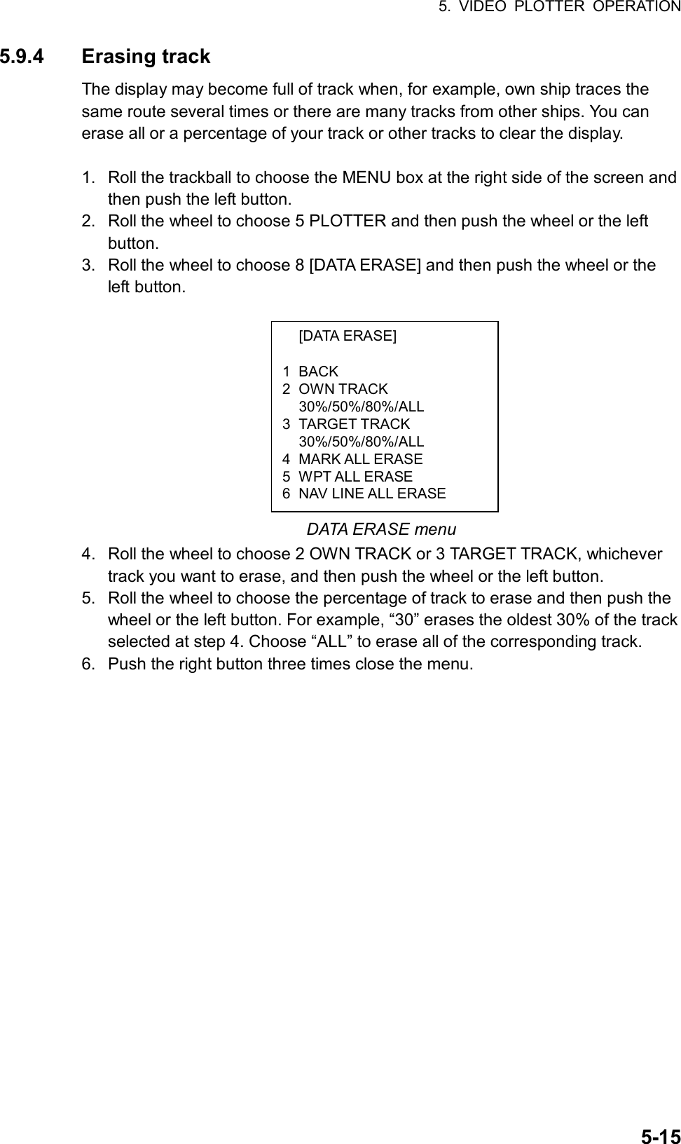 5. VIDEO PLOTTER OPERATION  5-15 [DATA ERASE]  1 BACK 2 OWN TRACK  30%/50%/80%/ALL 3 TARGET TRACK  30%/50%/80%/ALL 4 MARK ALL ERASE 5 WPT ALL ERASE 6  NAV LINE ALL ERASE 5.9.4 Erasing track The display may become full of track when, for example, own ship traces the same route several times or there are many tracks from other ships. You can erase all or a percentage of your track or other tracks to clear the display.    1.  Roll the trackball to choose the MENU box at the right side of the screen and then push the left button. 2.  Roll the wheel to choose 5 PLOTTER and then push the wheel or the left button. 3.  Roll the wheel to choose 8 [DATA ERASE] and then push the wheel or the left button.           DATA ERASE menu 4.  Roll the wheel to choose 2 OWN TRACK or 3 TARGET TRACK, whichever track you want to erase, and then push the wheel or the left button. 5.  Roll the wheel to choose the percentage of track to erase and then push the wheel or the left button. For example, “30” erases the oldest 30% of the track selected at step 4. Choose “ALL” to erase all of the corresponding track. 6.  Push the right button three times close the menu.  