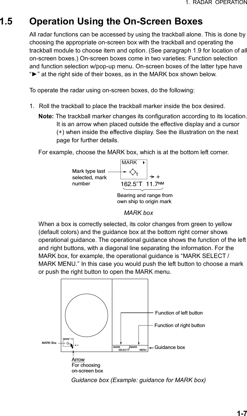 1. RADAR OPERATION  1-71.5  Operation Using the On-Screen Boxes All radar functions can be accessed by using the trackball alone. This is done by choosing the appropriate on-screen box with the trackball and operating the trackball module to choose item and option. (See paragraph 1.9 for location of all on-screen boxes.) On-screen boxes come in two varieties: Function selection and function selection w/pop-up menu. On-screen boxes of the latter type have “►” at the right side of their boxes, as in the MARK box shown below.  To operate the radar using on-screen boxes, do the following:  1.  Roll the trackball to place the trackball marker inside the box desired. Note: The trackball marker changes its configuration according to its location. It is an arrow when placed outside the effective display and a cursor (+) when inside the effective display. See the illustration on the next page for further details. For example, choose the MARK box, which is at the bottom left corner. MARK   Mark type lastselected, marknumber&gt; +162.5 T  11.7NMBearing and range from own ship to origin mark1 MARK box When a box is correctly selected, its color changes from green to yellow (default colors) and the guidance box at the bottom right corner shows operational guidance. The operational guidance shows the function of the left and right buttons, with a diagonal line separating the information. For the MARK box, for example, the operational guidance is “MARK SELECT / MARK MENU.” In this case you would push the left button to choose a mark or push the right button to open the MARK menu. Guidance boxMARK        SELECT MARK               MENU/Function of left buttonFunction of right buttonArrowFor choosingon-screen boxMARK   MARK Box&gt; +1 Guidance box (Example: guidance for MARK box) 