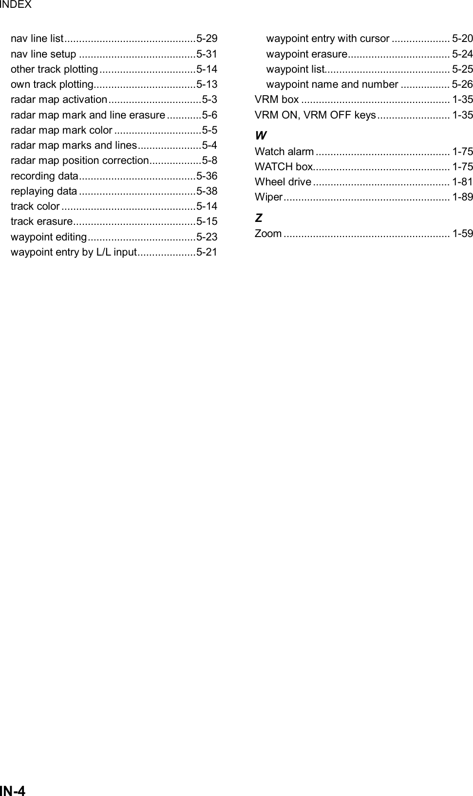INDEX  IN-4 nav line list.............................................5-29 nav line setup ........................................5-31 other track plotting .................................5-14 own track plotting...................................5-13 radar map activation................................5-3 radar map mark and line erasure ............5-6 radar map mark color ..............................5-5 radar map marks and lines......................5-4 radar map position correction..................5-8 recording data........................................5-36 replaying data ........................................5-38 track color ..............................................5-14 track erasure..........................................5-15 waypoint editing.....................................5-23 waypoint entry by L/L input....................5-21 waypoint entry with cursor .................... 5-20 waypoint erasure................................... 5-24 waypoint list........................................... 5-25 waypoint name and number ................. 5-26 VRM box ................................................... 1-35 VRM ON, VRM OFF keys......................... 1-35 W Watch alarm .............................................. 1-75 WATCH box............................................... 1-75 Wheel drive ............................................... 1-81 Wiper......................................................... 1-89 Z Zoom ......................................................... 1-59  