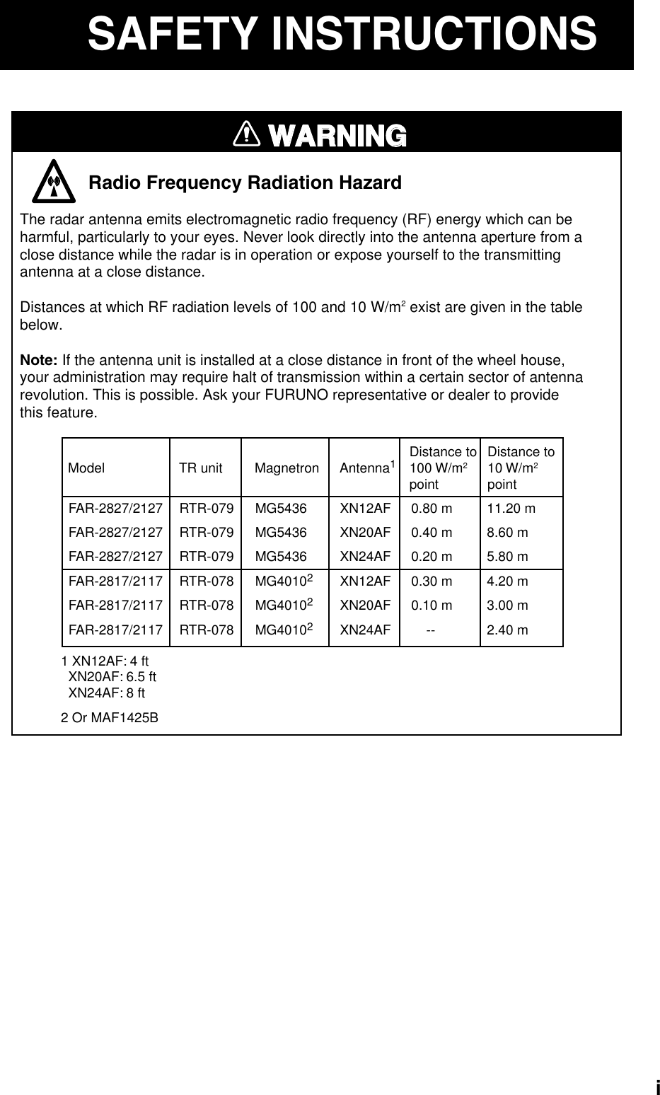   iSAFETY INSTRUCTIONSWARNINGWARNING             Radio Frequency Radiation HazardThe radar antenna emits electromagnetic radio frequency (RF) energy which can beharmful, particularly to your eyes. Never look directly into the antenna aperture from aclose distance while the radar is in operation or expose yourself to the transmittingantenna at a close distance.Distances at which RF radiation levels of 100 and 10 W/m2 exist are given in the tablebelow.Note: If the antenna unit is installed at a close distance in front of the wheel house,your administration may require halt of transmission within a certain sector of antennarevolution. This is possible. Ask your FURUNO representative or dealer to providethis feature.FAR-2827/2127 RTR-079 MG5436 XN12AF 0.80 m 11.20 mFAR-2827/2127 RTR-079 MG5436 XN20AF 0.40 m 8.60 mFAR-2827/2127 RTR-079 MG5436 XN24AF 0.20 m 5.80 mFAR-2817/2117 RTR-078 MG40102  XN12AF 0.30 m 4.20 mFAR-2817/2117 RTR-078 MG40102XN20AF 0.10 m 3.00 mFAR-2817/2117 RTR-078 MG40102XN24AF     --  2.40 mDistance to100 W/m2pointDistance to10 W/m2pointModel TR unit Magnetron Antenna11 XN12AF: 4 ft  XN20AF: 6.5 ft  XN24AF: 8 ft2 Or MAF1425B 