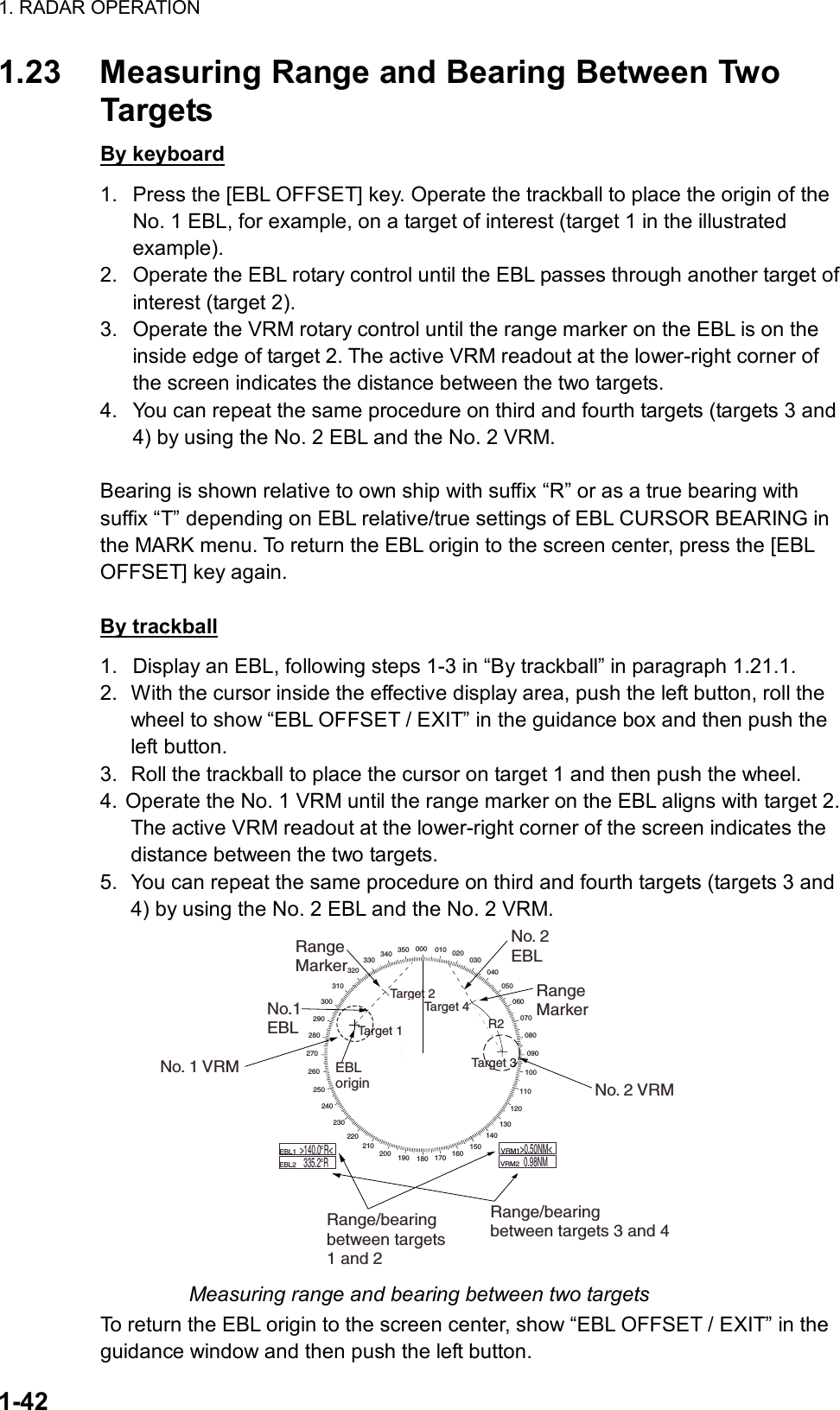 1. RADAR OPERATION  1-42 1.23  Measuring Range and Bearing Between Two Targets By keyboard 1.  Press the [EBL OFFSET] key. Operate the trackball to place the origin of the No. 1 EBL, for example, on a target of interest (target 1 in the illustrated example). 2.  Operate the EBL rotary control until the EBL passes through another target of interest (target 2). 3.  Operate the VRM rotary control until the range marker on the EBL is on the inside edge of target 2. The active VRM readout at the lower-right corner of the screen indicates the distance between the two targets. 4.  You can repeat the same procedure on third and fourth targets (targets 3 and 4) by using the No. 2 EBL and the No. 2 VRM.  Bearing is shown relative to own ship with suffix “R” or as a true bearing with suffix “T” depending on EBL relative/true settings of EBL CURSOR BEARING in the MARK menu. To return the EBL origin to the screen center, press the [EBL OFFSET] key again.  By trackball 1.  Display an EBL, following steps 1-3 in “By trackball” in paragraph 1.21.1. 2.  With the cursor inside the effective display area, push the left button, roll the wheel to show “EBL OFFSET / EXIT” in the guidance box and then push the left button. 3.  Roll the trackball to place the cursor on target 1 and then push the wheel. 4. Operate the No. 1 VRM until the range marker on the EBL aligns with target 2. The active VRM readout at the lower-right corner of the screen indicates the distance between the two targets. 5.  You can repeat the same procedure on third and fourth targets (targets 3 and 4) by using the No. 2 EBL and the No. 2 VRM. 000 010 020030040050060070080090100110120130140150160170180190200210220230240250260270280290300310320330340 350EBLorigin    No. 1 VRM No. 2 VRM R2Target 2No.1EBLNo. 2EBLRangeMarkerRange/bearingbetween targets1 and 2Range/bearingbetween targets 3 and 4    EBL1        EBL2  &gt;140.0 R&lt;335.2 R    VRM1         VRM2  &gt;0.50NM&lt;0.98NMRangeMarkerTarget 4Target 3Target 1 Measuring range and bearing between two targets To return the EBL origin to the screen center, show “EBL OFFSET / EXIT” in the guidance window and then push the left button. 