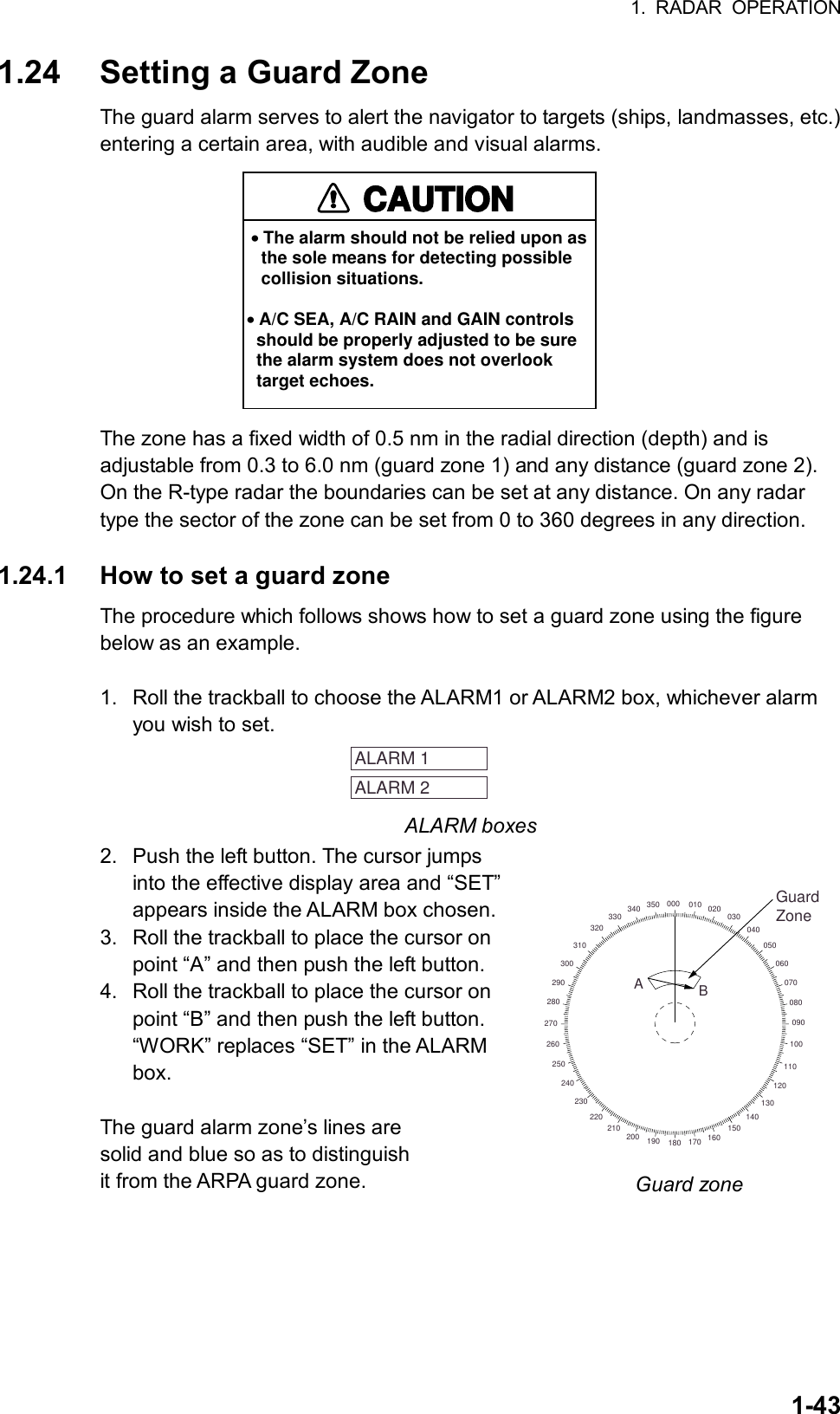 1. RADAR OPERATION  1-43 000 010 020 030040050060070080090100110120130140150160170180190200210220230240250260270280290300310320330 340 350GuardZoneAB1.24  Setting a Guard Zone The guard alarm serves to alert the navigator to targets (ships, landmasses, etc.) entering a certain area, with audible and visual alarms. CAUTION• The alarm should not be relied upon as   the sole means for detecting possible   collision situations.• A/C SEA, A/C RAIN and GAIN controls  should be properly adjusted to be sure  the alarm system does not overlook  target echoes. The zone has a fixed width of 0.5 nm in the radial direction (depth) and is adjustable from 0.3 to 6.0 nm (guard zone 1) and any distance (guard zone 2). On the R-type radar the boundaries can be set at any distance. On any radar type the sector of the zone can be set from 0 to 360 degrees in any direction.  1.24.1  How to set a guard zone The procedure which follows shows how to set a guard zone using the figure below as an example.  1.  Roll the trackball to choose the ALARM1 or ALARM2 box, whichever alarm you wish to set.   ALARM 1 ALARM 2  ALARM boxes 2.  Push the left button. The cursor jumps into the effective display area and “SET” appears inside the ALARM box chosen. 3.  Roll the trackball to place the cursor on point “A” and then push the left button. 4.  Roll the trackball to place the cursor on point “B” and then push the left button. “WORK” replaces “SET” in the ALARM box.  The guard alarm zone’s lines are solid and blue so as to distinguish it from the ARPA guard zone.   Guard zone 