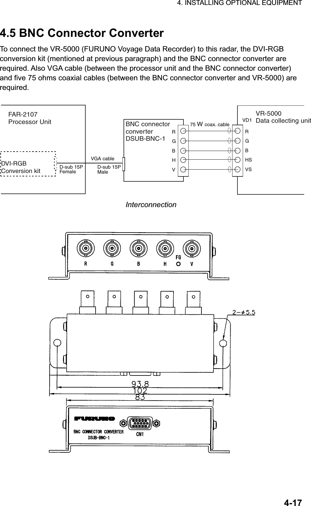 4. INSTALLING OPTIONAL EQUIPMENT 4-174.5 BNC Connector Converter To connect the VR-5000 (FURUNO Voyage Data Recorder) to this radar, the DVI-RGB conversion kit (mentioned at previous paragraph) and the BNC connector converter are required. Also VGA cable (between the processor unit and the BNC connector converter) and five 75 ohms coaxial cables (between the BNC connector converter and VR-5000) are required.BNC connectorconverterDSUB-BNC-1VR-5000Data collecting unitFAR-2107Processor UnitDVI-RGB Conversion kitD-sub 15PFemaleVGA cable75Wcoax. cable VD1RGBHSVSRGBHVD-sub 15PMaleInterconnection