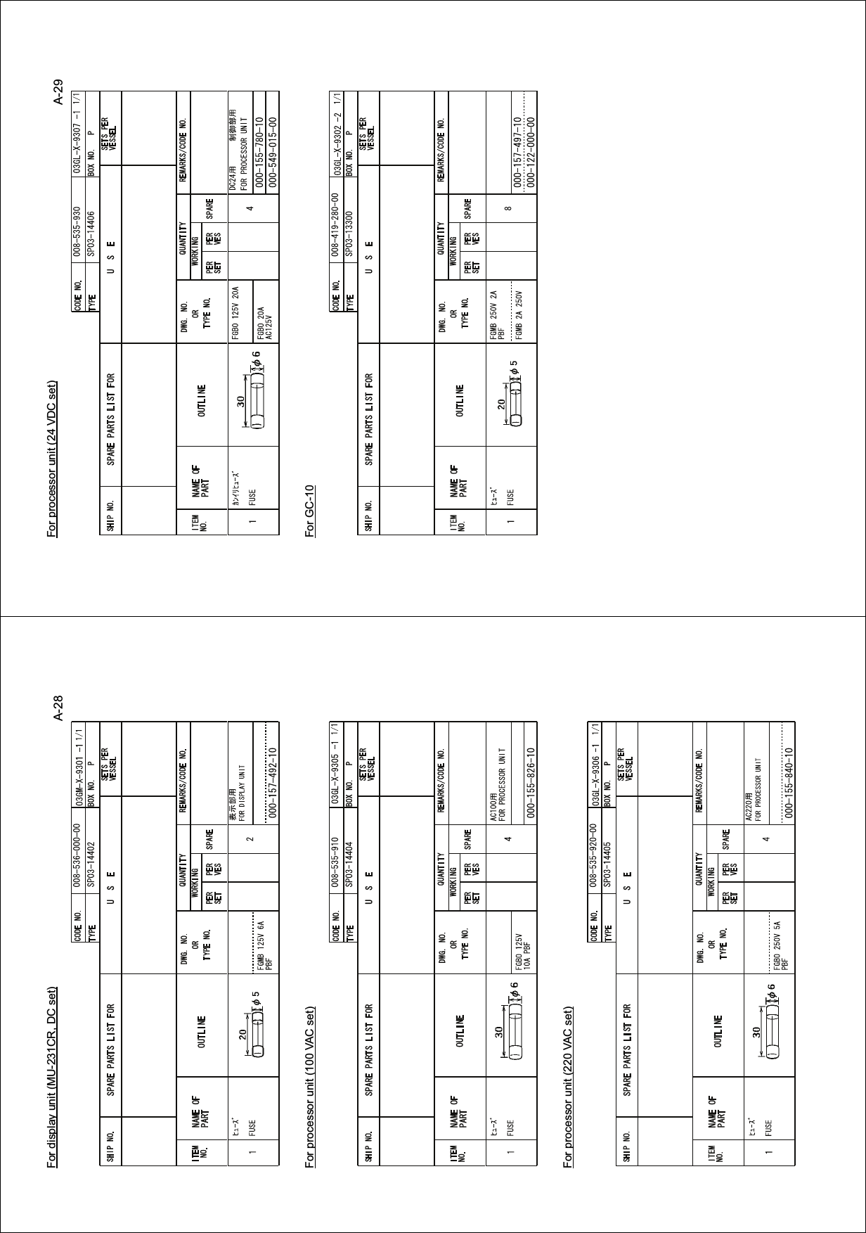 For processor unit (24 VDC set)For GC-10A-29For display unit (MU-231CR, DC set)For processor unit (100 VAC set)For processor unit (220 VAC set)A-28