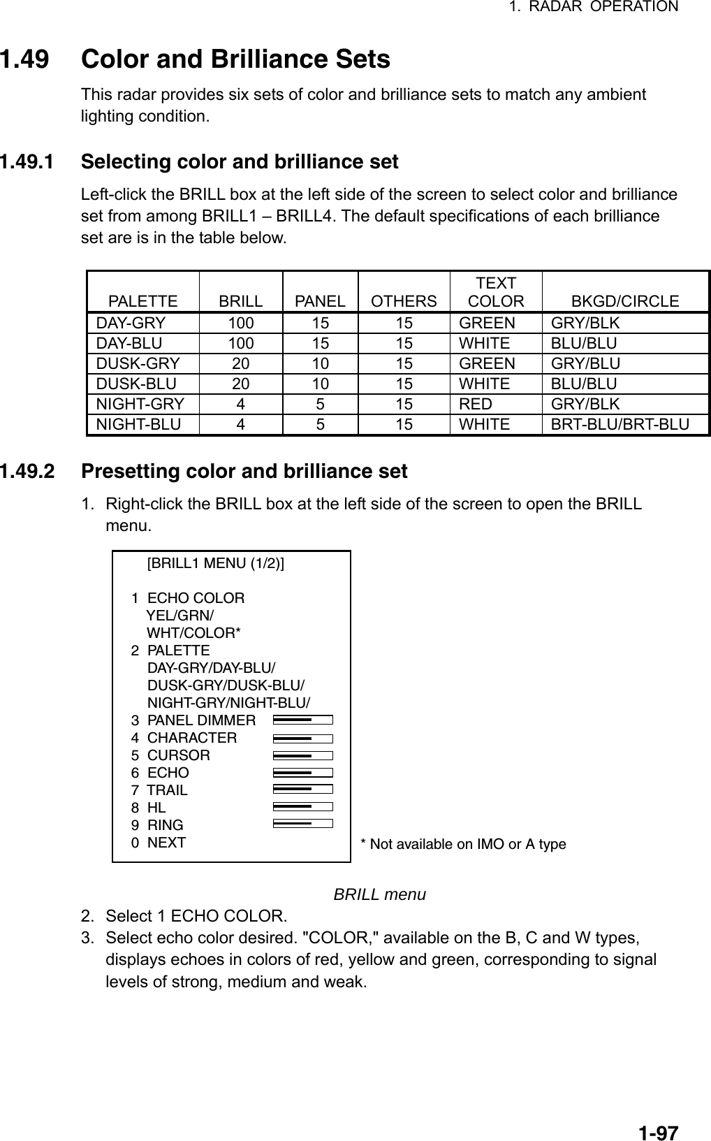 1. RADAR OPERATION  1-971.49  Color and Brilliance Sets This radar provides six sets of color and brilliance sets to match any ambient lighting condition.  1.49.1  Selecting color and brilliance set   Left-click the BRILL box at the left side of the screen to select color and brilliance set from among BRILL1 – BRILL4. The default specifications of each brilliance set are is in the table below.  PALETTE BRILL PANEL OTHERSTEXT COLOR BKGD/CIRCLE DAY-GRY 100 15 15 GREEN GRY/BLK DAY-BLU 100 15 15 WHITE BLU/BLU DUSK-GRY 20 10 15 GREEN GRY/BLU DUSK-BLU 20 10 15 WHITE BLU/BLU NIGHT-GRY 4  5  15 RED  GRY/BLK NIGHT-BLU 4  5  15 WHITE BRT-BLU/BRT-BLU  1.49.2  Presetting color and brilliance set 1.  Right-click the BRILL box at the left side of the screen to open the BRILL menu. * Not available on IMO or A type    [BRILL1 MENU (1/2)]1  ECHO COLOR    YEL/GRN/    WHT/COLOR*2  PALETTE    DAY-GRY/DAY-BLU/    DUSK-GRY/DUSK-BLU/    NIGHT-GRY/NIGHT-BLU/3  PANEL DIMMER4  CHARACTER5  CURSOR6  ECHO7  TRAIL8  HL9  RING0  NEXT BRILL menu 2.  Select 1 ECHO COLOR. 3.  Select echo color desired. &quot;COLOR,&quot; available on the B, C and W types, displays echoes in colors of red, yellow and green, corresponding to signal levels of strong, medium and weak.   