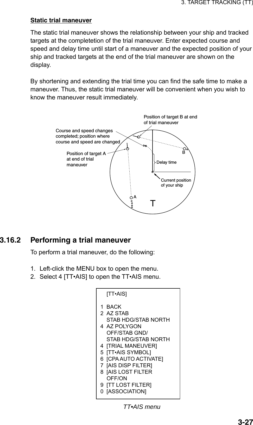 3. TARGET TRACKING (TT)  3-27 [TT•AIS]  1 BACK 2 AZ STAB   STAB HDG/STAB NORTH 4 AZ POLYGON  OFF/STAB GND/   STAB HDG/STAB NORTH 4 [TRIAL MANEUVER] 5 [TT•AIS SYMBOL] 6  [CPA AUTO ACTIVATE] 7  [AIS DISP FILTER] 8  [AIS LOST FILTER  OFF/ON 9  [TT LOST FILTER] 0 [ASSOCIATION] Static trial maneuver The static trial maneuver shows the relationship between your ship and tracked targets at the completetion of the trial maneuver. Enter expected course and speed and delay time until start of a maneuver and the expected position of your ship and tracked targets at the end of the trial maneuver are shown on the display.   By shortening and extending the trial time you can find the safe time to make a maneuver. Thus, the static trial maneuver will be convenient when you wish to know the maneuver result immediately.  ABCurrent positionof your shipDelay timeTCourse and speed changescompleted; position wherecourse and speed are changedPosition of target Aat end of trialmaneuverPosition of target B at endof trial maneuver   3.16.2  Performing a trial maneuver To perform a trial maneuver, do the following:  1.  Left-click the MENU box to open the menu. 2.  Select 4 [TT•AIS] to open the TT•AIS menu.                    TT•AIS menu 