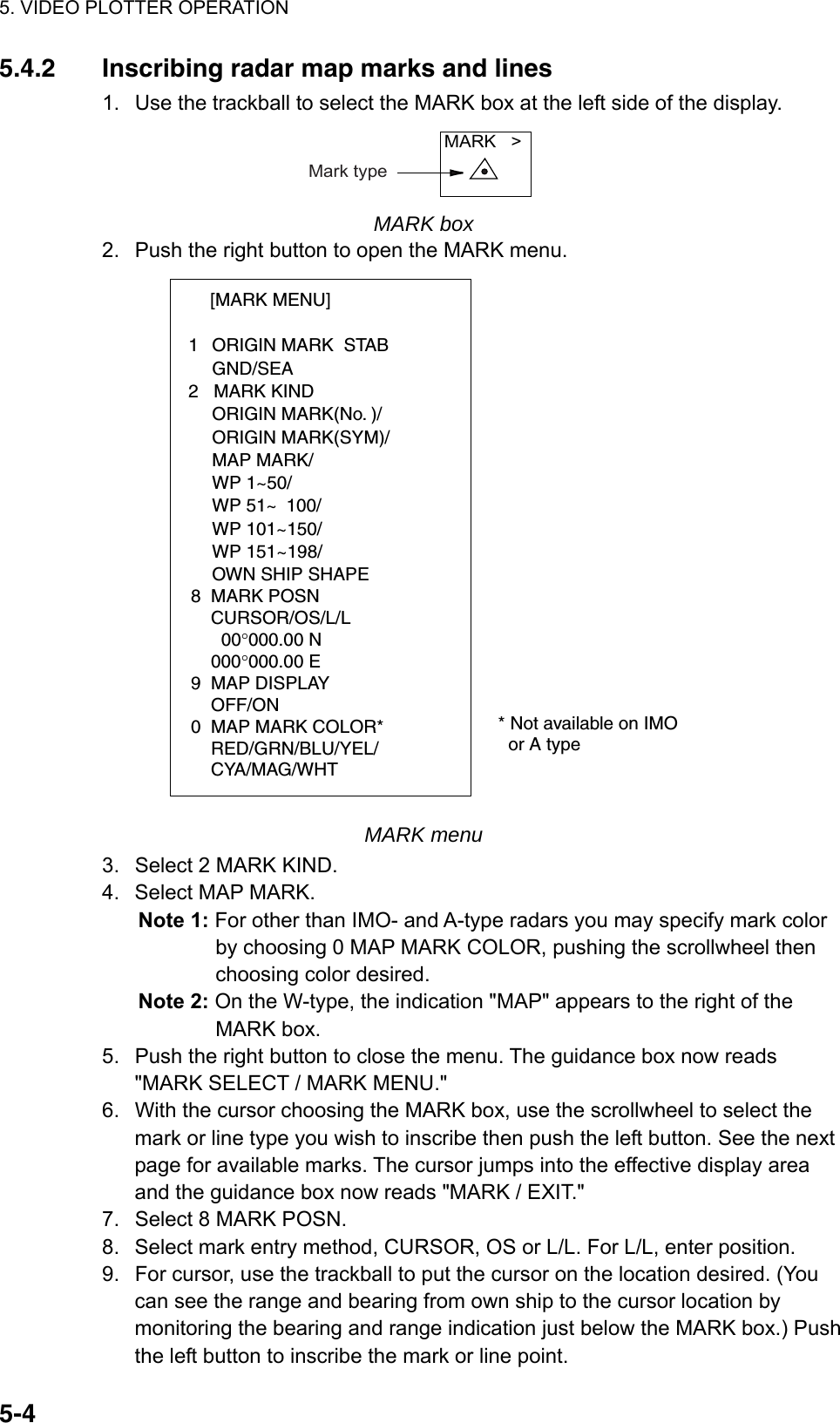 5. VIDEO PLOTTER OPERATION  5-45.4.2  Inscribing radar map marks and lines 1.  Use the trackball to select the MARK box at the left side of the display. MARK   &gt;Mark type MARK box 2.  Push the right button to open the MARK menu. [MARK MENU]  1  ORIGIN MARK  STAB   GND/SEA  2   MARK KIND   ORIGIN MARK(No. )/   ORIGIN MARK(SYM)/   MAP MARK/   WP 1~50/   WP 51~ 100/   WP 101~150/   WP 151~198/   OWN SHIP SHAPE  8  MARK POSN    CURSOR/OS/L/L      00°000.00 N    000°000.00 E9  MAP DISPLAY    OFF/ON0  MAP MARK COLOR*                       RED/GRN/BLU/YEL/    CYA/MAG/WHT  * Not available on IMO    or A type MARK menu 3.  Select 2 MARK KIND.   4.  Select MAP MARK. Note 1: For other than IMO- and A-type radars you may specify mark color by choosing 0 MAP MARK COLOR, pushing the scrollwheel then choosing color desired. Note 2: On the W-type, the indication &quot;MAP&quot; appears to the right of the MARK box. 5.  Push the right button to close the menu. The guidance box now reads &quot;MARK SELECT / MARK MENU.&quot; 6.  With the cursor choosing the MARK box, use the scrollwheel to select the mark or line type you wish to inscribe then push the left button. See the next page for available marks. The cursor jumps into the effective display area and the guidance box now reads &quot;MARK / EXIT.&quot; 7.  Select 8 MARK POSN. 8.  Select mark entry method, CURSOR, OS or L/L. For L/L, enter position. 9.  For cursor, use the trackball to put the cursor on the location desired. (You can see the range and bearing from own ship to the cursor location by monitoring the bearing and range indication just below the MARK box.) Push the left button to inscribe the mark or line point. 