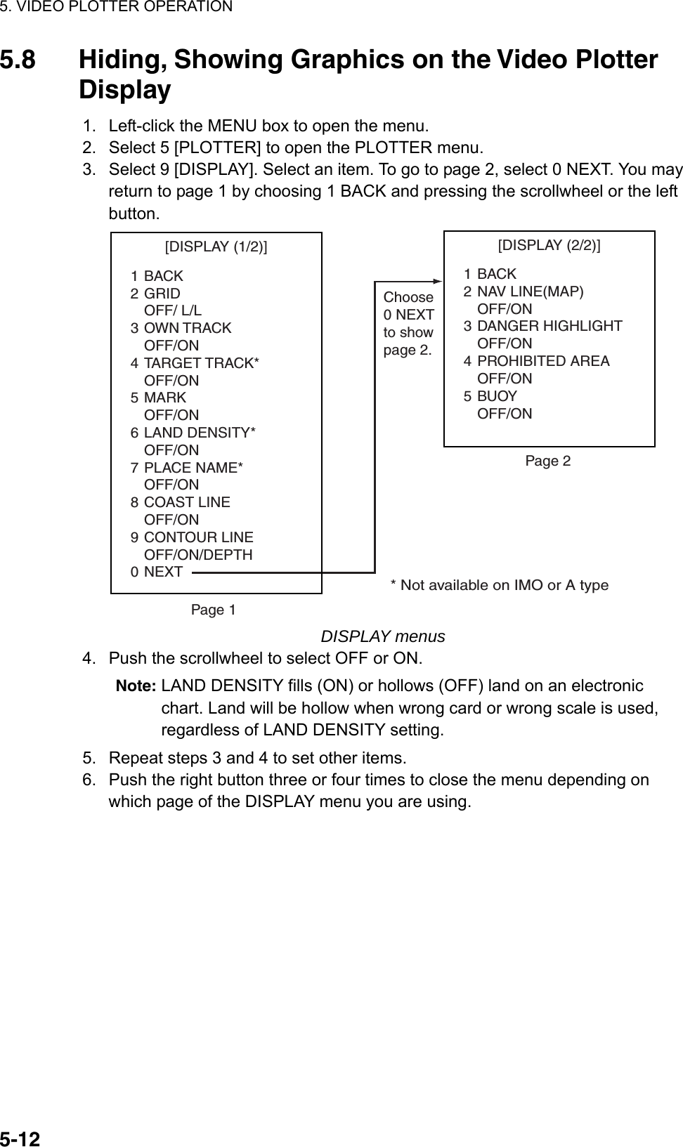 5. VIDEO PLOTTER OPERATION  5-125.8  Hiding, Showing Graphics on the Video Plotter   Display  1.  Left-click the MENU box to open the menu. 2.  Select 5 [PLOTTER] to open the PLOTTER menu. 3.  Select 9 [DISPLAY]. Select an item. To go to page 2, select 0 NEXT. You may return to page 1 by choosing 1 BACK and pressing the scrollwheel or the left button. Page 1Page 2Choose0 NEXTto showpage 2.* Not available on IMO or A type[DISPLAY (1/2)]1BACK2 GRIDOFF/ L/L3 OWN TRACKOFF/ON4 TARGET TRACK*OFF/ON5 MARKOFF/ON6 LAND DENSITY*OFF/ON7 PLACE NAME*OFF/ON8 COAST LINEOFF/ON9 CONTOUR LINEOFF/ON/DEPTH0 NEXT[DISPLAY (2/2)]1BACK2 NAV LINE(MAP)OFF/ON3 DANGER HIGHLIGHTOFF/ON4 PROHIBITED AREAOFF/ON5 BUOYOFF/ON DISPLAY menus 4.  Push the scrollwheel to select OFF or ON. Note: LAND DENSITY fills (ON) or hollows (OFF) land on an electronic chart. Land will be hollow when wrong card or wrong scale is used, regardless of LAND DENSITY setting. 5.  Repeat steps 3 and 4 to set other items. 6.  Push the right button three or four times to close the menu depending on which page of the DISPLAY menu you are using.  