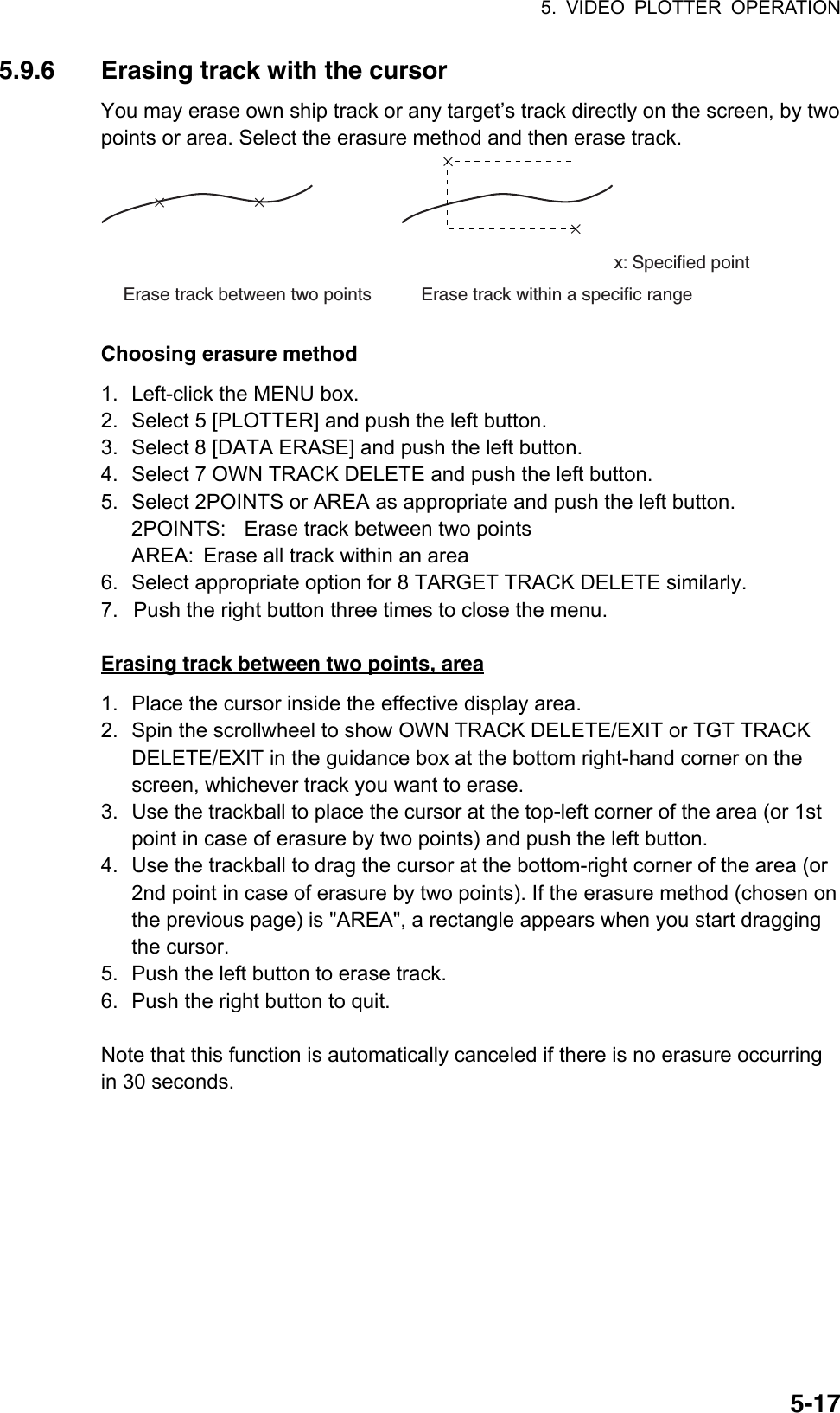 5. VIDEO PLOTTER OPERATION  5-175.9.6  Erasing track with the cursor You may erase own ship track or any target’s track directly on the screen, by two points or area. Select the erasure method and then erase track. Erase track between two pointsx: Specified pointErase track within a specific range  Choosing erasure method 1.  Left-click the MENU box. 2.  Select 5 [PLOTTER] and push the left button. 3.  Select 8 [DATA ERASE] and push the left button. 4.  Select 7 OWN TRACK DELETE and push the left button. 5.  Select 2POINTS or AREA as appropriate and push the left button. 2POINTS:  Erase track between two points AREA:  Erase all track within an area 6.  Select appropriate option for 8 TARGET TRACK DELETE similarly. 7.  Push the right button three times to close the menu.  Erasing track between two points, area 1.  Place the cursor inside the effective display area. 2.  Spin the scrollwheel to show OWN TRACK DELETE/EXIT or TGT TRACK DELETE/EXIT in the guidance box at the bottom right-hand corner on the screen, whichever track you want to erase. 3.  Use the trackball to place the cursor at the top-left corner of the area (or 1st point in case of erasure by two points) and push the left button.   4.  Use the trackball to drag the cursor at the bottom-right corner of the area (or 2nd point in case of erasure by two points). If the erasure method (chosen on the previous page) is &quot;AREA&quot;, a rectangle appears when you start dragging the cursor. 5.  Push the left button to erase track. 6.  Push the right button to quit.  Note that this function is automatically canceled if there is no erasure occurring in 30 seconds.   