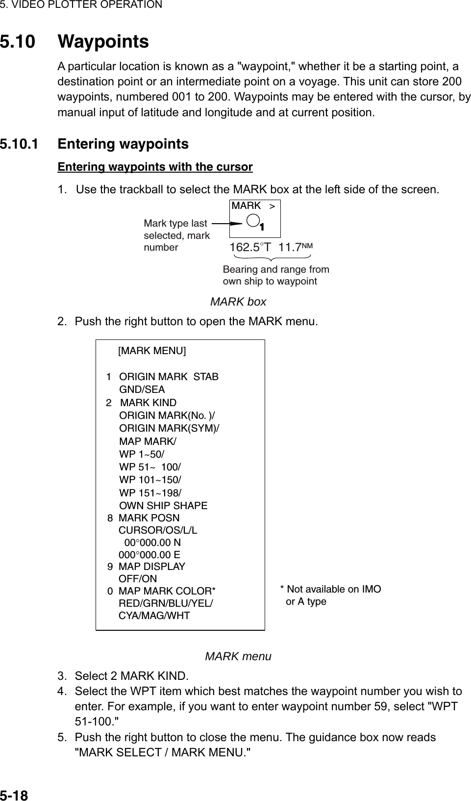 5. VIDEO PLOTTER OPERATION  5-185.10 Waypoints A particular location is known as a &quot;waypoint,&quot; whether it be a starting point, a destination point or an intermediate point on a voyage. This unit can store 200 waypoints, numbered 001 to 200. Waypoints may be entered with the cursor, by manual input of latitude and longitude and at current position.    5.10.1 Entering waypoints Entering waypoints with the cursor 1.  Use the trackball to select the MARK box at the left side of the screen. MARK   &gt;Mark type lastselected, marknumber 162.5°T  11.7NMBearing and range from own ship to waypoint1 MARK box 2.  Push the right button to open the MARK menu. [MARK MENU]  1  ORIGIN MARK  STAB   GND/SEA  2   MARK KIND   ORIGIN MARK(No. )/   ORIGIN MARK(SYM)/   MAP MARK/   WP 1~50/   WP 51~ 100/   WP 101~150/   WP 151~198/   OWN SHIP SHAPE  8  MARK POSN    CURSOR/OS/L/L      00°000.00 N    000°000.00 E9  MAP DISPLAY    OFF/ON0  MAP MARK COLOR*                       RED/GRN/BLU/YEL/    CYA/MAG/WHT  * Not available on IMO    or A type MARK menu 3.  Select 2 MARK KIND. 4.  Select the WPT item which best matches the waypoint number you wish to enter. For example, if you want to enter waypoint number 59, select &quot;WPT 51-100.&quot;  5.  Push the right button to close the menu. The guidance box now reads &quot;MARK SELECT / MARK MENU.&quot; 