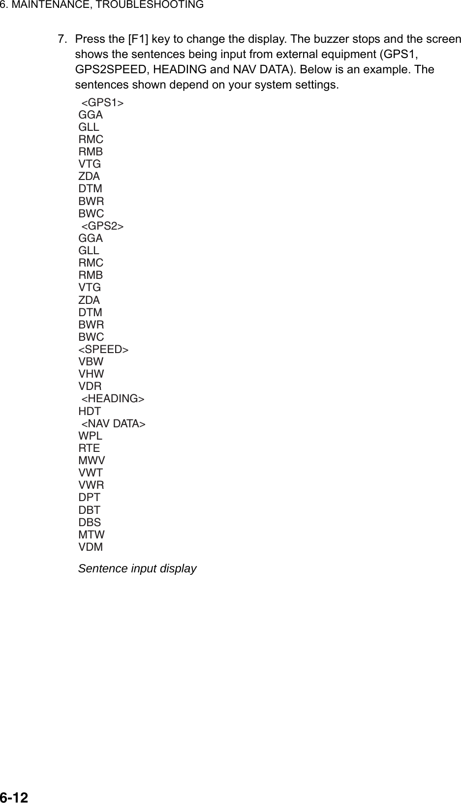 6. MAINTENANCE, TROUBLESHOOTING  6-127.  Press the [F1] key to change the display. The buzzer stops and the screen shows the sentences being input from external equipment (GPS1, GPS2SPEED, HEADING and NAV DATA). Below is an example. The sentences shown depend on your system settings.  &lt;GPS1&gt;GGAGLLRMCRMBVTGZDADTMBWRBWC &lt;GPS2&gt;GGAGLLRMCRMBVTGZDADTMBWRBWC&lt;SPEED&gt;VBWVHWVDR &lt;HEADING&gt;HDT &lt;NAV DATA&gt;WPLRTEMWVVWTVWRDPTDBTDBSMTWVDM Sentence input display 