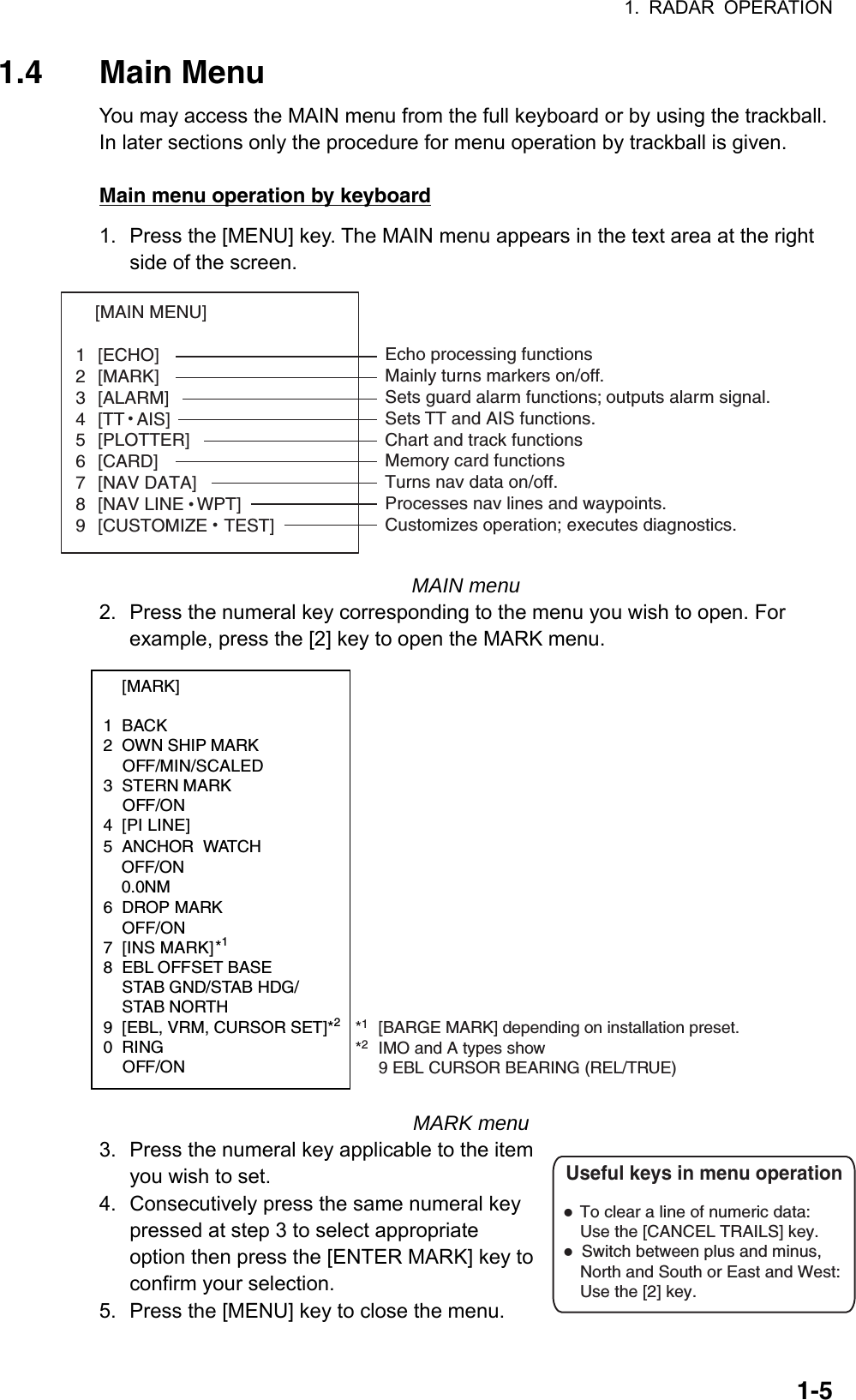 1. RADAR OPERATION  1-51.4 Main Menu You may access the MAIN menu from the full keyboard or by using the trackball. In later sections only the procedure for menu operation by trackball is given.  Main menu operation by keyboard 1.  Press the [MENU] key. The MAIN menu appears in the text area at the right side of the screen. [MAIN MENU]   1 [ECHO]  2 [MARK]  3 [ALARM]  4 [TT AIS]  5 [PLOTTER]  6 [CARD]  7 [NAV DATA]  8 [NAV LINE WPT]  9 [CUSTOMIZE TEST]  Echo processing functionsMainly turns markers on/off.Sets guard alarm functions; outputs alarm signal.Sets TT and AIS functions.Chart and track functionsMemory card functionsTurns nav data on/off.Processes nav lines and waypoints.Customizes operation; executes diagnostics. MAIN menu 2.  Press the numeral key corresponding to the menu you wish to open. For example, press the [2] key to open the MARK menu.  [MARK]  1 BACK 2  OWN SHIP MARK  OFF/MIN/SCALED 3 STERN MARK  OFF/ON 4 [PI LINE]       5 ANCHOR WATCH   OFF/ON 0.0NM6 DROP MARK OFF/ON7 [INS MARK] *1 8  EBL OFFSET BASE   STAB GND/STAB HDG/  STAB NORTH 9  [EBL, VRM, CURSOR SET]*20 RING  OFF/ON *1[BARGE MARK] depending on installation preset.       *2IMO and A types show  9 EBL CURSOR BEARING (REL/TRUE)  MARK menu 3.  Press the numeral key applicable to the item you wish to set. 4.  Consecutively press the same numeral key pressed at step 3 to select appropriate option then press the [ENTER MARK] key to confirm your selection.   5.  Press the [MENU] key to close the menu.  To clear a line of numeric data:Use the [CANCEL TRAILS] key. Switch between plus and minus,North and South or East and West:Use the [2] key.Useful keys in menu operation