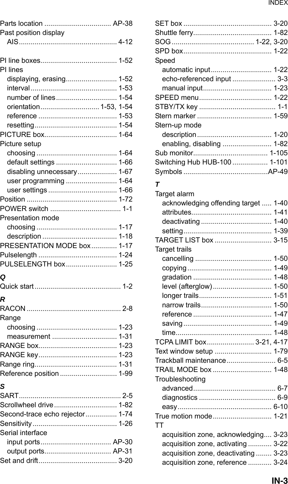 INDEX  IN-3Parts location .................................. AP-38 Past position display AIS.................................................. 4-12  PI line boxes....................................... 1-52 PI lines displaying, erasing.......................... 1-52 interval............................................ 1-53 number of lines............................... 1-54 orientation.............................. 1-53, 1-54 reference ........................................ 1-53 resetting.......................................... 1-54 PICTURE box..................................... 1-64 Picture setup choosing ......................................... 1-64 default settings ............................... 1-66 disabling unnecessary.................... 1-67 user programming .......................... 1-64 user settings ................................... 1-66 Position .............................................. 1-72 POWER switch .................................... 1-1 Presentation mode choosing ......................................... 1-17 description ...................................... 1-18 PRESENTATION MODE box ............. 1-17 Pulselength ........................................ 1-24 PULSELENGTH box.......................... 1-25 Q Quick start............................................ 1-2 R RACON ................................................ 2-8 Range choosing ......................................... 1-23 measurement ................................. 1-31 RANGE box........................................ 1-23 RANGE key........................................ 1-23 Range ring.......................................... 1-31 Reference position ............................. 1-99 S SART.................................................... 2-5 Scrollwheel drive................................ 1-82 Second-trace echo rejector................ 1-74 Sensitivity........................................... 1-26 Serial interface input ports.................................... AP-30 output ports.................................. AP-31 Set and drift........................................ 3-20 SET box ............................................. 3-20 Shuttle ferry........................................ 1-82 SOG .......................................... 1-22, 3-20 SPD box............................................. 1-22 Speed automatic input............................... 1-22 echo-referenced input ...................... 3-3 manual input................................... 1-23 SPEED menu..................................... 1-22 STBY/TX key ....................................... 1-1 Stern marker ...................................... 1-59 Stern-up mode description...................................... 1-20 enabling, disabling ......................... 1-82 Sub monitor...................................... 1-105 Switching Hub HUB-100 .................. 1-101 Symbols ...........................................AP-49 T Target alarm acknowledging offending target ..... 1-40 attributes......................................... 1-41 deactivating .................................... 1-40 setting............................................. 1-39 TARGET LIST box ............................. 3-15 Target trails cancelling ....................................... 1-50 copying........................................... 1-49 gradation ........................................ 1-48 level (afterglow).............................. 1-50 longer trails..................................... 1-51 narrow trails.................................... 1-50 reference ........................................ 1-47 saving............................................. 1-49 time................................................. 1-48 TCPA LIMIT box........................ 3-21, 4-17 Text window setup ............................. 1-79 Trackball maintenance......................... 6-5 TRAIL MODE box .............................. 1-48 Troubleshooting advanced.......................................... 6-7 diagnostics ....................................... 6-9 easy................................................ 6-10 True motion mode.............................. 1-21 TT acquisition zone, acknowledging.... 3-23 acquisition zone, activating ............ 3-22 acquisition zone, deactivating ........ 3-23 acquisition zone, reference ............ 3-24 