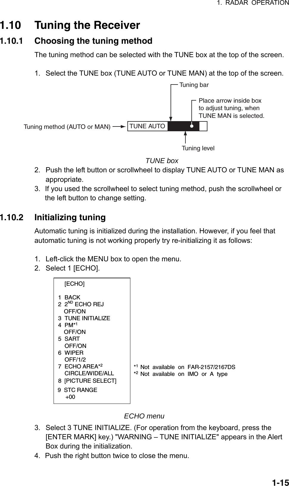 1. RADAR OPERATION  1-151.10  Tuning the Receiver 1.10.1  Choosing the tuning method The tuning method can be selected with the TUNE box at the top of the screen.  1.  Select the TUNE box (TUNE AUTO or TUNE MAN) at the top of the screen. TUNE AUTO  Place arrow inside boxto adjust tuning, whenTUNE MAN is selected.Tuning method (AUTO or MAN)Tuning barTuning level  TUNE box 2.  Push the left button or scrollwheel to display TUNE AUTO or TUNE MAN as appropriate. 3.  If you used the scrollwheel to select tuning method, push the scrollwheel or the left button to change setting.  1.10.2 Initializing tuning Automatic tuning is initialized during the installation. However, if you feel that automatic tuning is not working properly try re-initializing it as follows:  1.  Left-click the MENU box to open the menu. 2.  Select 1 [ECHO].  [ECHO]  1 BACK 2 2ND ECHO REJ OFF/ON 3 TUNE INITIALIZE 4 PM*1 OFF/ON 5 SART  OFF/ON 6 WIPER  OFF/1/2 7 ECHO AREA*2 CIRCLE/WIDE/ALL*1 Not available on FAR-2157/2167DS*2 Not available on IMO or A type8  [PICTURE SELECT]9  STC RANGE     +00 ECHO menu 3.  Select 3 TUNE INITIALIZE. (For operation from the keyboard, press the [ENTER MARK] key.) &quot;WARNING – TUNE INITIALIZE&quot; appears in the Alert Box during the initialization. 4.  Push the right button twice to close the menu. 