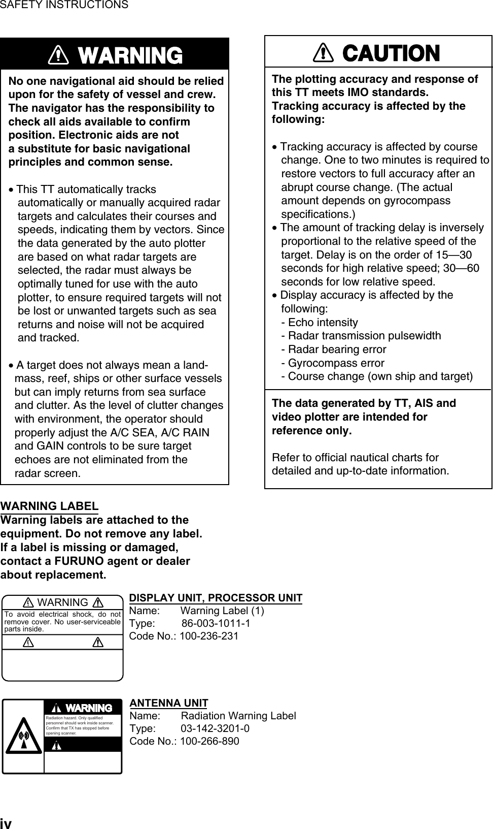 SAFETY INSTRUCTIONS  iv WARNINGNo one navigational aid should be relied upon for the safety of vessel and crew.The navigator has the responsibility tocheck all aids available to confirmposition. Electronic aids are nota substitute for basic navigationalprinciples and common sense.• This TT automatically tracks    automatically or manually acquired radar   targets and calculates their courses and   speeds, indicating them by vectors. Since   the data generated by the auto plotter   are based on what radar targets are   selected, the radar must always be   optimally tuned for use with the auto   plotter, to ensure required targets will not   be lost or unwanted targets such as sea   returns and noise will not be acquired   and tracked.• A target does not always mean a land-  mass, reef, ships or other surface vessels  but can imply returns from sea surface  and clutter. As the level of clutter changes  with environment, the operator should  properly adjust the A/C SEA, A/C RAIN  and GAIN controls to be sure target  echoes are not eliminated from the  radar screen. CAUTIONThe plotting accuracy and response ofthis TT meets IMO standards.Tracking accuracy is affected by thefollowing:• Tracking accuracy is affected by course   change. One to two minutes is required to   restore vectors to full accuracy after an   abrupt course change. (The actual   amount depends on gyrocompass   specifications.)• The amount of tracking delay is inversely   proportional to the relative speed of the   target. Delay is on the order of 15—30   seconds for high relative speed; 30—60   seconds for low relative speed.• Display accuracy is affected by the   following:   - Echo intensity   - Radar transmission pulsewidth   - Radar bearing error   - Gyrocompass error   - Course change (own ship and target)The data generated by TT, AIS andvideo plotter are intended forreference only.Refer to official nautical charts for detailed and up-to-date information. WARNINGTo avoid electrical shock, do not remove cover. No user-serviceable parts inside.WARNING LABELWarning labels are attached to the equipment. Do not remove any label.If a label is missing or damaged,contact a FURUNO agent or dealerabout replacement.WARNINGRadiation hazard. Only qualified personnel should work inside scanner.Confirm that TX has stopped beforeopening scanner.DISPLAY UNIT, PROCESSOR UNITName:       Warning Label (1)Type:         86-003-1011-1Code No.: 100-236-231ANTENNA UNITName:       Radiation Warning LabelType:         03-142-3201-0Code No.: 100-266-890 