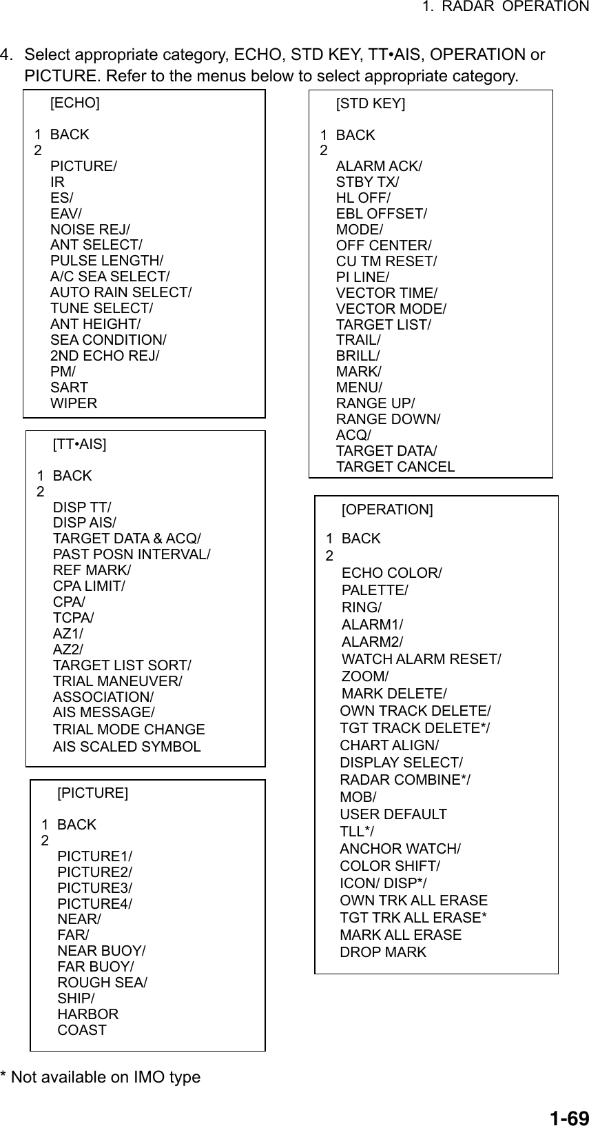 1. RADAR OPERATION  1-69 [ECHO]  1 BACK 2  PICTURE/  IR  ES/  EAV/  NOISE REJ/  ANT SELECT/  PULSE LENGTH/   A/C SEA SELECT/   AUTO RAIN SELECT/  TUNE SELECT/  ANT HEIGHT/  SEA CONDITION/  2ND ECHO REJ/  PM/  SART  WIPER  [TT•AIS]  1 BACK 2  DISP TT/  DISP AIS/  TARGET DATA &amp; ACQ/   PAST POSN INTERVAL/  REF MARK/  CPA LIMIT/  CPA/  TCPA/  AZ1/  AZ2/   TARGET LIST SORT/  TRIAL MANEUVER/  ASSOCIATION/  AIS MESSAGE/   TRIAL MODE CHANGE   AIS SCALED SYMBOL [STD KEY] 1 BACK 2  ALARM ACK/  STBY TX/  HL OFF/  EBL OFFSET/  MODE/  OFF CENTER/  CU TM RESET/  PI LINE/  VECTOR TIME/  VECTOR MODE/  TARGET LIST/  TRAIL/  BRILL/  MARK/  MENU/  RANGE UP/  RANGE DOWN/  ACQ/  TARGET DATA/ TARGET CANCEL  [OPERATION]  1 BACK 2  ECHO COLOR/  PALETTE/  RING/  ALARM1/  ALARM2/  WATCH ALARM RESET/  ZOOM/  MARK DELETE/ OWN TRACK DELETE/ TGT TRACK DELETE*/ CHART ALIGN/ DISPLAY SELECT/ RADAR COMBINE*/ MOB/ USER DEFAULT TLL*/ ANCHOR WATCH/   COLOR SHIFT/ ICON/ DISP*/ OWN TRK ALL ERASE TGT TRK ALL ERASE* MARK ALL ERASE DROP MARK 4.  Select appropriate category, ECHO, STD KEY, TT•AIS, OPERATION or PICTURE. Refer to the menus below to select appropriate category.                                                * Not available on IMO type  [PICTURE]  1 BACK 2  PICTURE1/  PICTURE2/  PICTURE3/  PICTURE4/  NEAR/  FAR/  NEAR BUOY/  FAR BUOY/  ROUGH SEA/  SHIP/ HARBOR COAST 