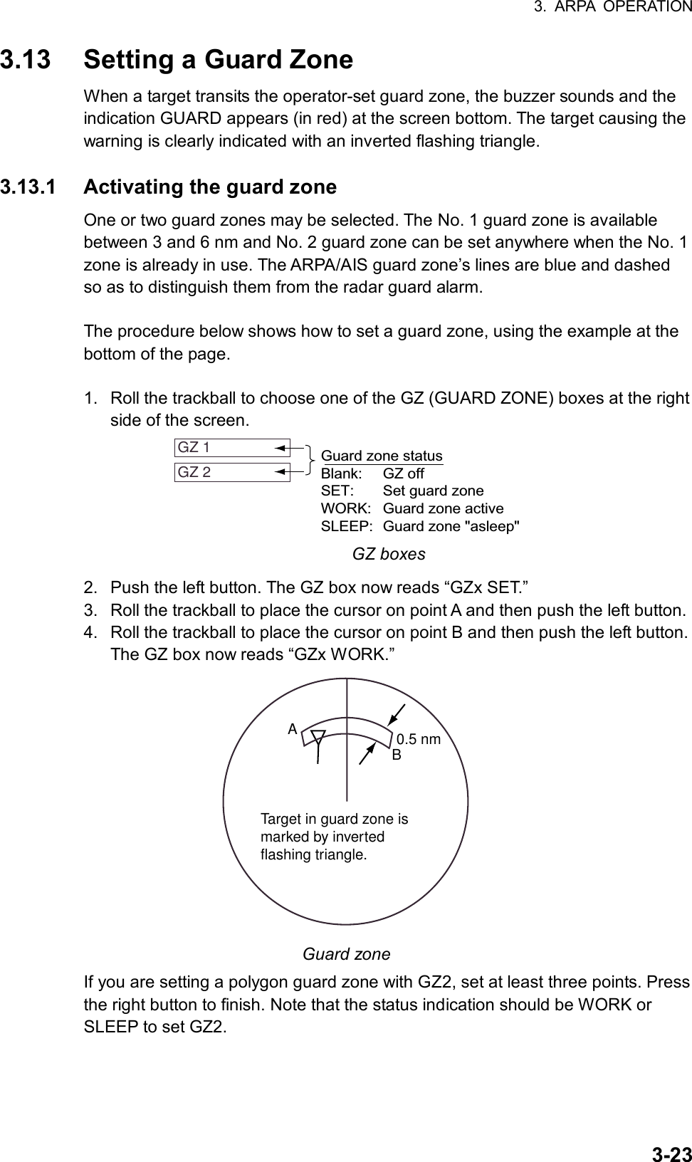 3. ARPA OPERATION  3-233.13  Setting a Guard Zone When a target transits the operator-set guard zone, the buzzer sounds and the indication GUARD appears (in red) at the screen bottom. The target causing the warning is clearly indicated with an inverted flashing triangle.  3.13.1  Activating the guard zone One or two guard zones may be selected. The No. 1 guard zone is available between 3 and 6 nm and No. 2 guard zone can be set anywhere when the No. 1 zone is already in use. The ARPA/AIS guard zone’s lines are blue and dashed so as to distinguish them from the radar guard alarm.  The procedure below shows how to set a guard zone, using the example at the bottom of the page.  1.  Roll the trackball to choose one of the GZ (GUARD ZONE) boxes at the right side of the screen. GZ 1 GZ 2 Guard zone statusBlank: GZ offSET: Set guard zoneWORK: Guard zone activeSLEEP: Guard zone &quot;asleep&quot; GZ boxes 2.  Push the left button. The GZ box now reads “GZx SET.” 3.  Roll the trackball to place the cursor on point A and then push the left button. 4.  Roll the trackball to place the cursor on point B and then push the left button. The GZ box now reads “GZx WORK.”   AB0.5 nmTarget in guard zone ismarked by invertedflashing triangle. Guard zone If you are setting a polygon guard zone with GZ2, set at least three points. Press the right button to finish. Note that the status indication should be WORK or SLEEP to set GZ2.  