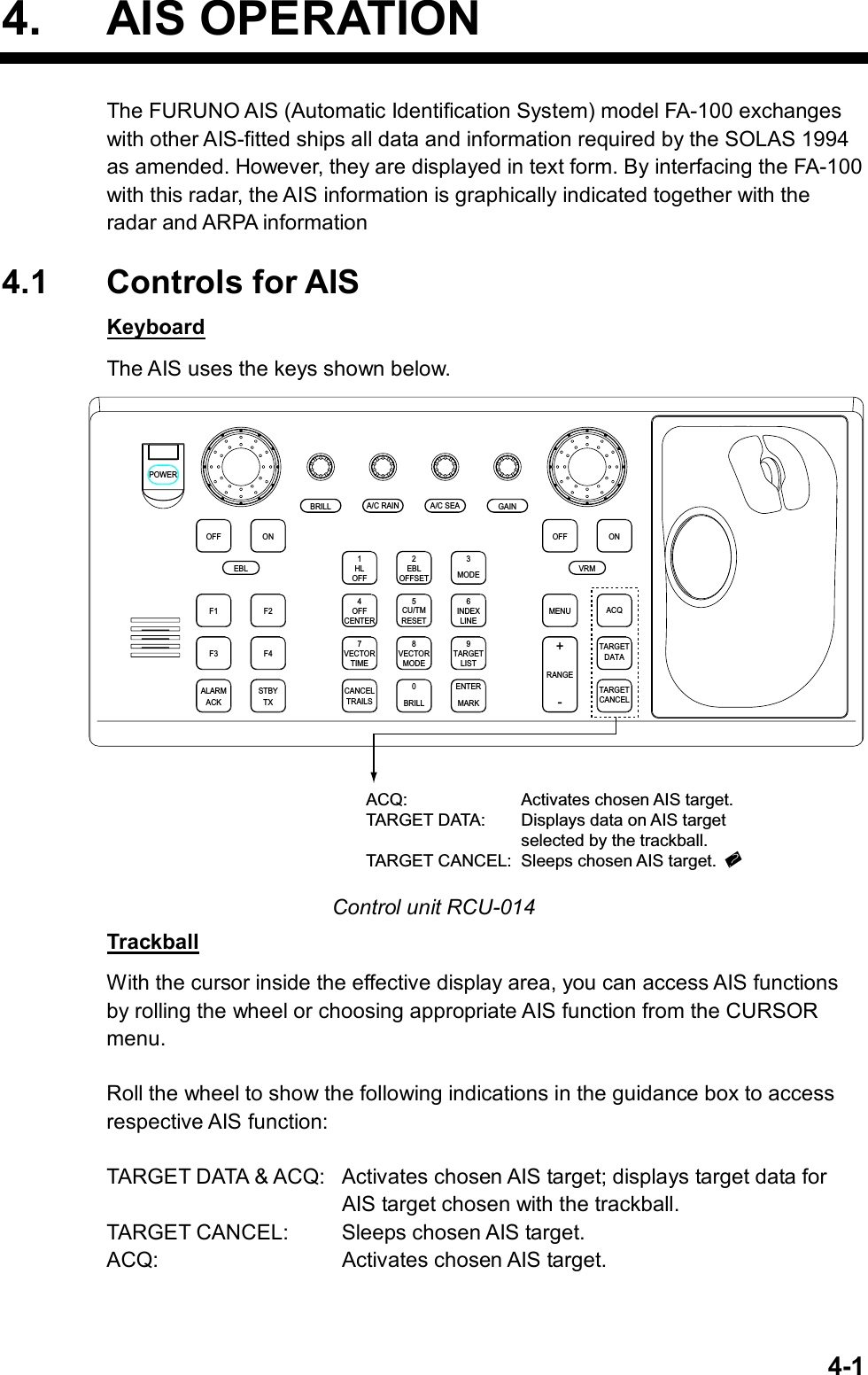   4-14. AIS OPERATION The FURUNO AIS (Automatic Identification System) model FA-100 exchanges with other AIS-fitted ships all data and information required by the SOLAS 1994 as amended. However, they are displayed in text form. By interfacing the FA-100 with this radar, the AIS information is graphically indicated together with the radar and ARPA information    4.1 Controls for AIS Keyboard The AIS uses the keys shown below. ACQONMENUOFFVRMA/C SEAA/C RAINMODE3LINEINDEX6OFF21HLCENTEROFF45RESETCU/TMOFFSETEBLGAINTARGETCANCELTARGETDATARANGE-+LISTTARGET9MARKENTERTIMEVECTOR78CANCELTRAILS0MODEVECTORBRILLBRILLEBLF1OFFF2ONPOWERACKALARMF3 F4STBYTXACQ: Activates chosen AIS target.TARGET DATA: Displays data on AIS target selected by the trackball.TARGET CANCEL: Sleeps chosen AIS target. Control unit RCU-014 Trackball With the cursor inside the effective display area, you can access AIS functions by rolling the wheel or choosing appropriate AIS function from the CURSOR menu.   Roll the wheel to show the following indications in the guidance box to access respective AIS function:  TARGET DATA &amp; ACQ:  Activates chosen AIS target; displays target data for   AIS target chosen with the trackball. TARGET CANCEL:  Sleeps chosen AIS target. ACQ: Activates chosen AIS target. 