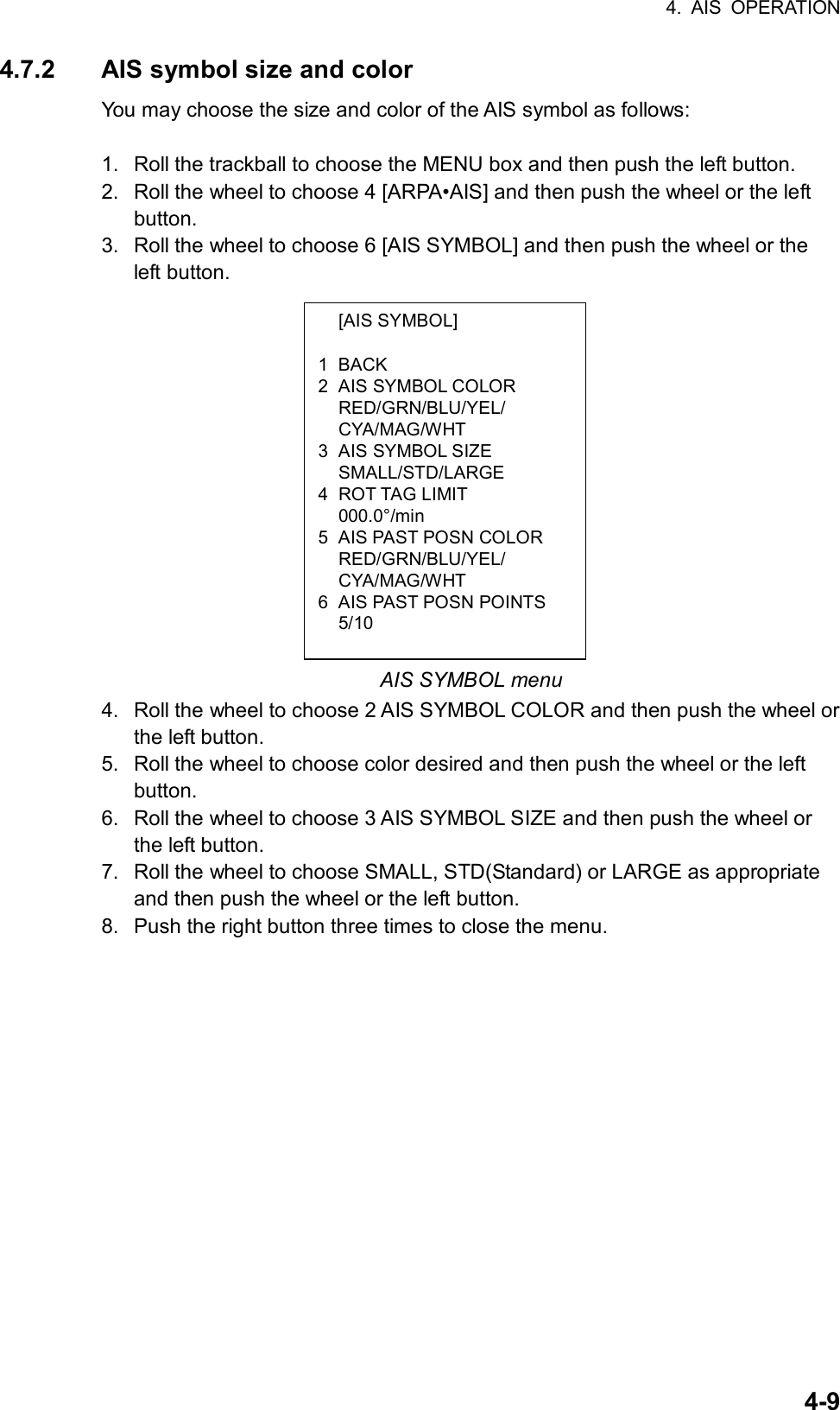 4. AIS OPERATION  4-9 [AIS SYMBOL]  1 BACK 2  AIS SYMBOL COLOR  RED/GRN/BLU/YEL/  CYA/MAG/WHT 3  AIS SYMBOL SIZE  SMALL/STD/LARGE 4 ROT TAG LIMIT  000.0°/min 5  AIS PAST POSN COLOR  RED/GRN/BLU/YEL/  CYA/MAG/WHT 6  AIS PAST POSN POINTS  5/10 4.7.2  AIS symbol size and color You may choose the size and color of the AIS symbol as follows:  1.  Roll the trackball to choose the MENU box and then push the left button. 2.  Roll the wheel to choose 4 [ARPA•AIS] and then push the wheel or the left button. 3.  Roll the wheel to choose 6 [AIS SYMBOL] and then push the wheel or the left button.               AIS SYMBOL menu 4.  Roll the wheel to choose 2 AIS SYMBOL COLOR and then push the wheel or the left button. 5.  Roll the wheel to choose color desired and then push the wheel or the left button. 6.  Roll the wheel to choose 3 AIS SYMBOL SIZE and then push the wheel or the left button. 7.  Roll the wheel to choose SMALL, STD(Standard) or LARGE as appropriate and then push the wheel or the left button. 8.  Push the right button three times to close the menu.   