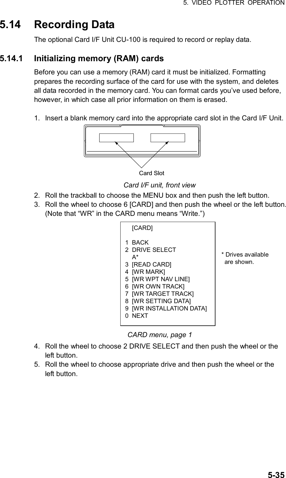 5. VIDEO PLOTTER OPERATION  5-35 [CARD]  1 BACK 2 DRIVE SELECT  A* 3 [READ CARD] 4 [WR MARK] 5  [WR WPT NAV LINE] 6  [WR OWN TRACK] 7  [WR TARGET TRACK] 8 [WR SETTING DATA] 9 [WR INSTALLATION DATA]0 NEXT 5.14 Recording Data The optional Card I/F Unit CU-100 is required to record or replay data.  5.14.1  Initializing memory (RAM) cards Before you can use a memory (RAM) card it must be initialized. Formatting prepares the recording surface of the card for use with the system, and deletes all data recorded in the memory card. You can format cards you’ve used before, however, in which case all prior information on them is erased.  1.  Insert a blank memory card into the appropriate card slot in the Card I/F Unit. Card Slot Card I/F unit, front view 2.  Roll the trackball to choose the MENU box and then push the left button. 3.  Roll the wheel to choose 6 [CARD] and then push the wheel or the left button. (Note that “WR” in the CARD menu means “Write.”)                        CARD menu, page 1 4.  Roll the wheel to choose 2 DRIVE SELECT and then push the wheel or the left button. 5.  Roll the wheel to choose appropriate drive and then push the wheel or the left button. * Drives available are shown. 