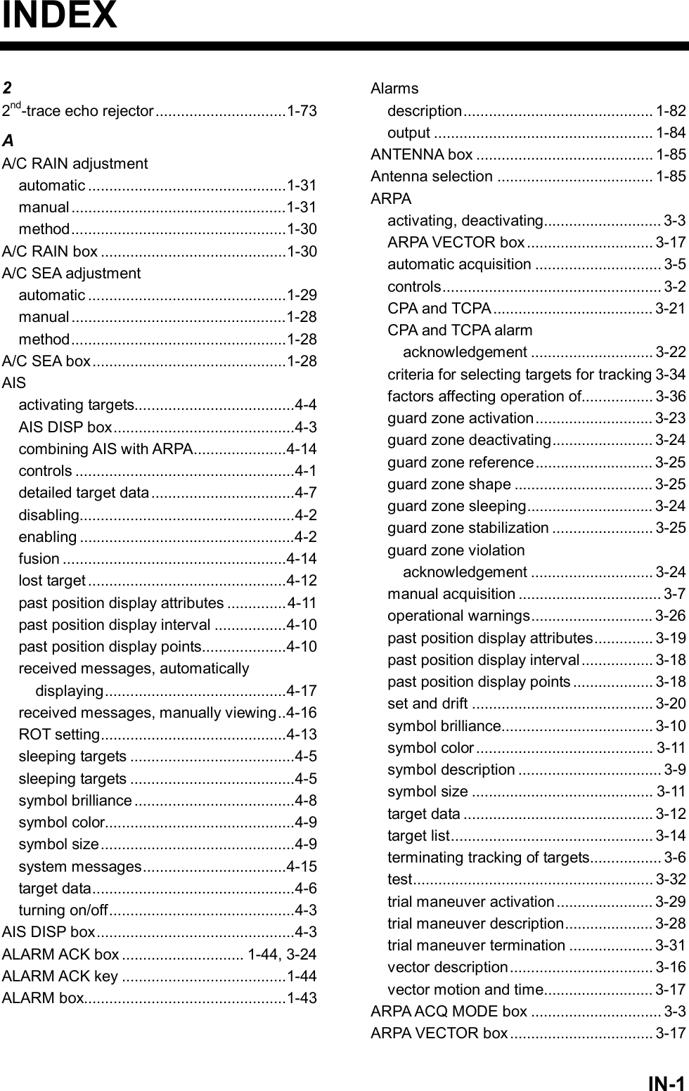   IN-1INDEX 2 2nd-trace echo rejector...............................1-73 A A/C RAIN adjustment automatic ...............................................1-31 manual ...................................................1-31 method...................................................1-30 A/C RAIN box ............................................1-30 A/C SEA adjustment automatic ...............................................1-29 manual ...................................................1-28 method...................................................1-28 A/C SEA box..............................................1-28 AIS activating targets......................................4-4 AIS DISP box...........................................4-3 combining AIS with ARPA......................4-14 controls ....................................................4-1 detailed target data..................................4-7 disabling...................................................4-2 enabling ...................................................4-2 fusion .....................................................4-14 lost target ...............................................4-12 past position display attributes ..............4-11 past position display interval .................4-10 past position display points....................4-10 received messages, automatically displaying...........................................4-17 received messages, manually viewing..4-16 ROT setting............................................4-13 sleeping targets .......................................4-5 sleeping targets .......................................4-5 symbol brilliance......................................4-8 symbol color.............................................4-9 symbol size..............................................4-9 system messages..................................4-15 target data................................................4-6 turning on/off............................................4-3 AIS DISP box...............................................4-3 ALARM ACK box ............................. 1-44, 3-24 ALARM ACK key .......................................1-44 ALARM box................................................1-43 Alarms description............................................. 1-82 output .................................................... 1-84 ANTENNA box .......................................... 1-85 Antenna selection ..................................... 1-85 ARPA activating, deactivating............................ 3-3 ARPA VECTOR box.............................. 3-17 automatic acquisition .............................. 3-5 controls.................................................... 3-2 CPA and TCPA...................................... 3-21 CPA and TCPA alarm acknowledgement ............................. 3-22 criteria for selecting targets for tracking 3-34 factors affecting operation of................. 3-36 guard zone activation............................ 3-23 guard zone deactivating........................ 3-24 guard zone reference............................ 3-25 guard zone shape ................................. 3-25 guard zone sleeping.............................. 3-24 guard zone stabilization ........................ 3-25 guard zone violation acknowledgement ............................. 3-24 manual acquisition .................................. 3-7 operational warnings............................. 3-26 past position display attributes.............. 3-19 past position display interval................. 3-18 past position display points................... 3-18 set and drift ........................................... 3-20 symbol brilliance.................................... 3-10 symbol color.......................................... 3-11 symbol description .................................. 3-9 symbol size ........................................... 3-11 target data ............................................. 3-12 target list................................................ 3-14 terminating tracking of targets................. 3-6 test......................................................... 3-32 trial maneuver activation ....................... 3-29 trial maneuver description..................... 3-28 trial maneuver termination .................... 3-31 vector description.................................. 3-16 vector motion and time.......................... 3-17 ARPA ACQ MODE box ............................... 3-3 ARPA VECTOR box.................................. 3-17 