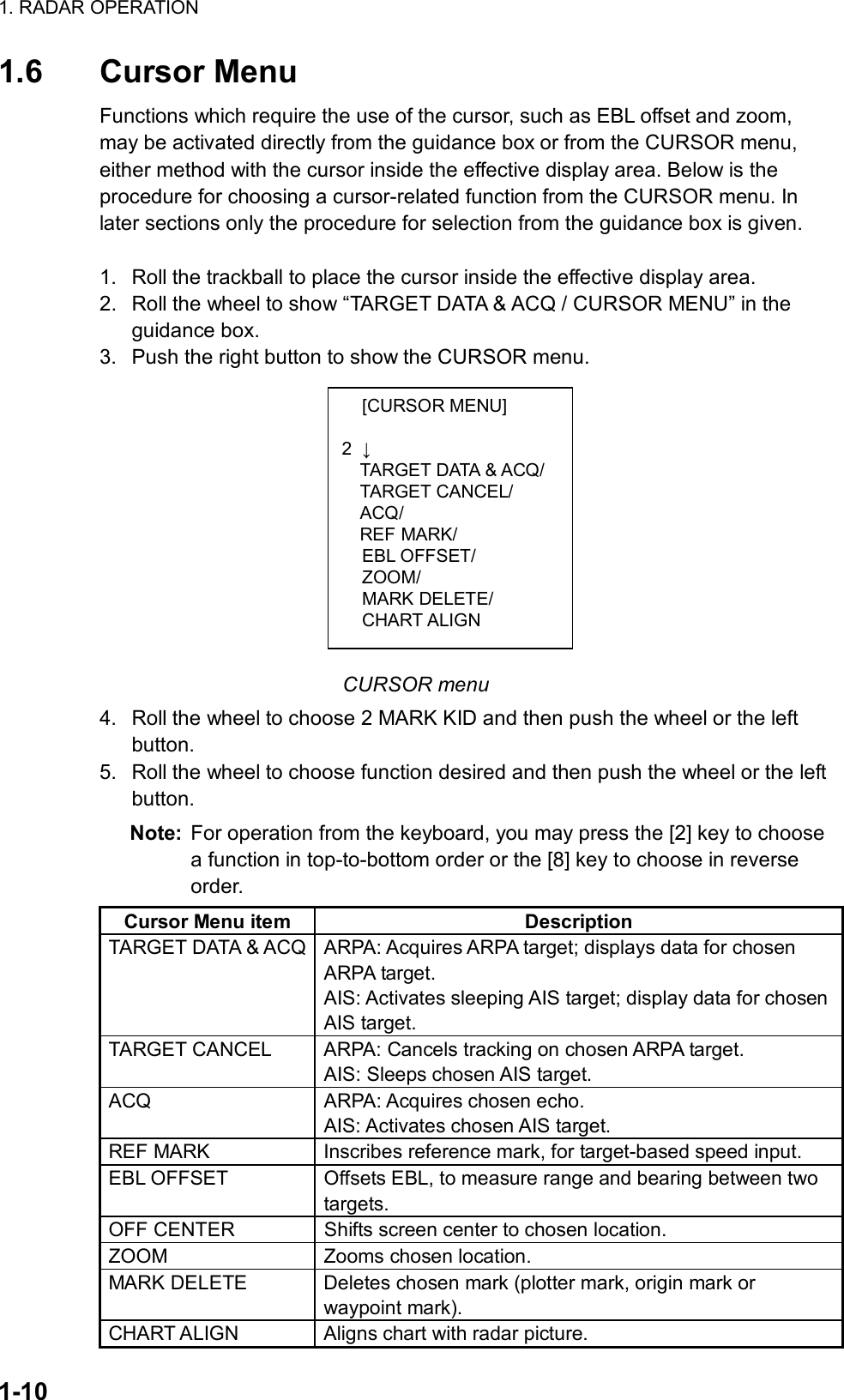 1. RADAR OPERATION  1-10  [CURSOR MENU]  2  ↓ TARGET DATA &amp; ACQ/TARGET CANCEL/ ACQ/ REF MARK/  EBL OFFSET/  ZOOM/  MARK DELETE/  CHART ALIGN 1.6 Cursor Menu Functions which require the use of the cursor, such as EBL offset and zoom, may be activated directly from the guidance box or from the CURSOR menu, either method with the cursor inside the effective display area. Below is the procedure for choosing a cursor-related function from the CURSOR menu. In later sections only the procedure for selection from the guidance box is given.  1.  Roll the trackball to place the cursor inside the effective display area.   2.  Roll the wheel to show “TARGET DATA &amp; ACQ / CURSOR MENU” in the guidance box. 3.  Push the right button to show the CURSOR menu.            CURSOR menu 4.  Roll the wheel to choose 2 MARK KID and then push the wheel or the left button. 5.  Roll the wheel to choose function desired and then push the wheel or the left button.  Note:  For operation from the keyboard, you may press the [2] key to choose a function in top-to-bottom order or the [8] key to choose in reverse order. Cursor Menu item  Description TARGET DATA &amp; ACQ  ARPA: Acquires ARPA target; displays data for chosen ARPA target. AIS: Activates sleeping AIS target; display data for chosen AIS target. TARGET CANCEL  ARPA: Cancels tracking on chosen ARPA target. AIS: Sleeps chosen AIS target. ACQ ARPA: Acquires chosen echo. AIS: Activates chosen AIS target. REF MARK  Inscribes reference mark, for target-based speed input. EBL OFFSET  Offsets EBL, to measure range and bearing between two targets. OFF CENTER  Shifts screen center to chosen location. ZOOM  Zooms chosen location. MARK DELETE  Deletes chosen mark (plotter mark, origin mark or waypoint mark). CHART ALIGN  Aligns chart with radar picture. 