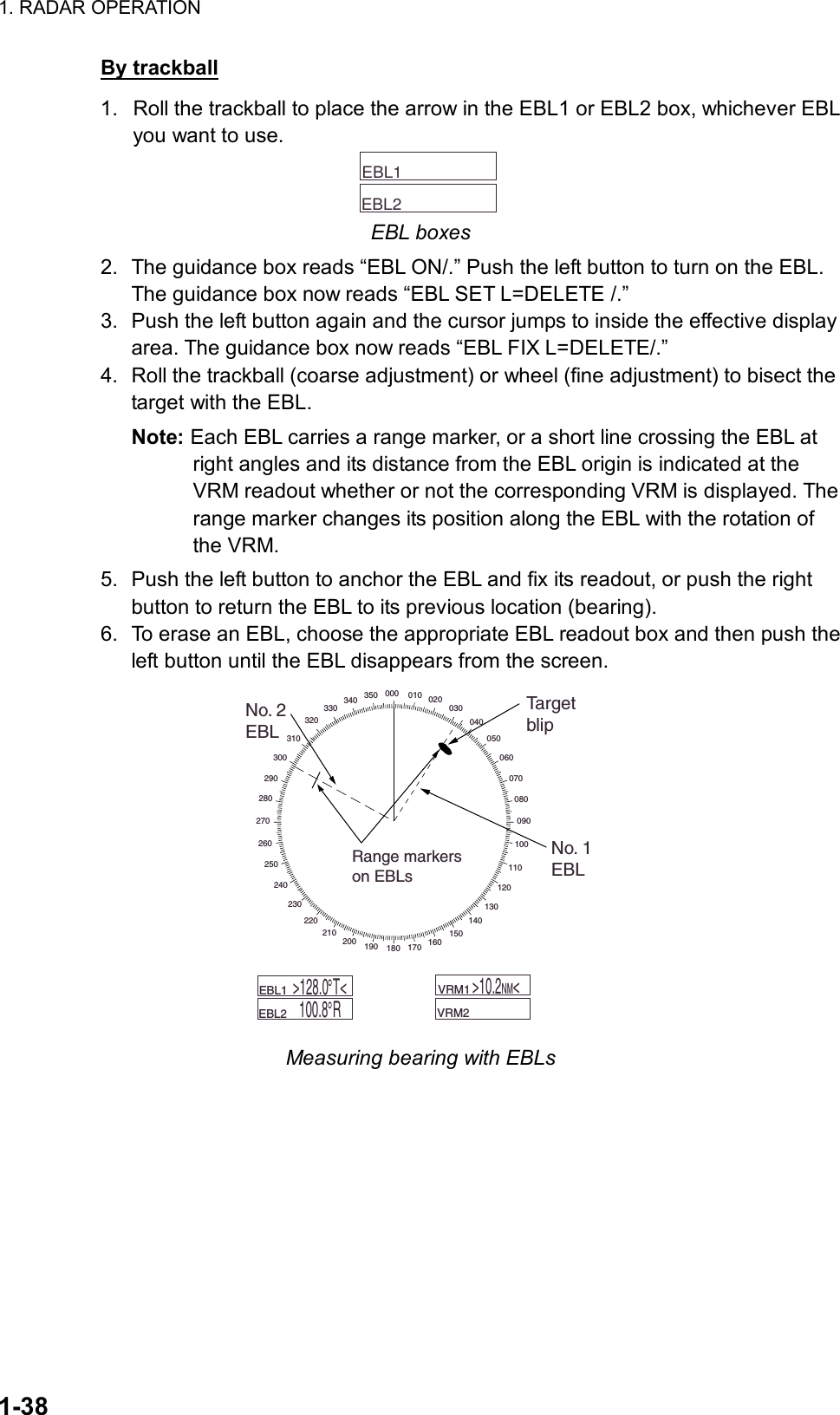 1. RADAR OPERATION  1-38 By trackball 1.  Roll the trackball to place the arrow in the EBL1 or EBL2 box, whichever EBL you want to use.     EBL1        EBL2   EBL boxes 2.  The guidance box reads “EBL ON/.” Push the left button to turn on the EBL. The guidance box now reads “EBL SET L=DELETE /.” 3.  Push the left button again and the cursor jumps to inside the effective display area. The guidance box now reads “EBL FIX L=DELETE/.” 4.  Roll the trackball (coarse adjustment) or wheel (fine adjustment) to bisect the target with the EBL.   Note: Each EBL carries a range marker, or a short line crossing the EBL at right angles and its distance from the EBL origin is indicated at the VRM readout whether or not the corresponding VRM is displayed. The range marker changes its position along the EBL with the rotation of the VRM. 5.  Push the left button to anchor the EBL and fix its readout, or push the right button to return the EBL to its previous location (bearing). 6.  To erase an EBL, choose the appropriate EBL readout box and then push the left button until the EBL disappears from the screen. 000 010 020030040050060070080090100110120130140150160170180190200210220230240250260270280290300310320330340 350No. 2EBLTargetblipNo. 1EBLRange markerson EBLs    VRM1         VRM2      EBL1        EBL2  &gt;128.0 T&lt;100.8 R&gt;10.2NM&lt; Measuring bearing with EBLs  