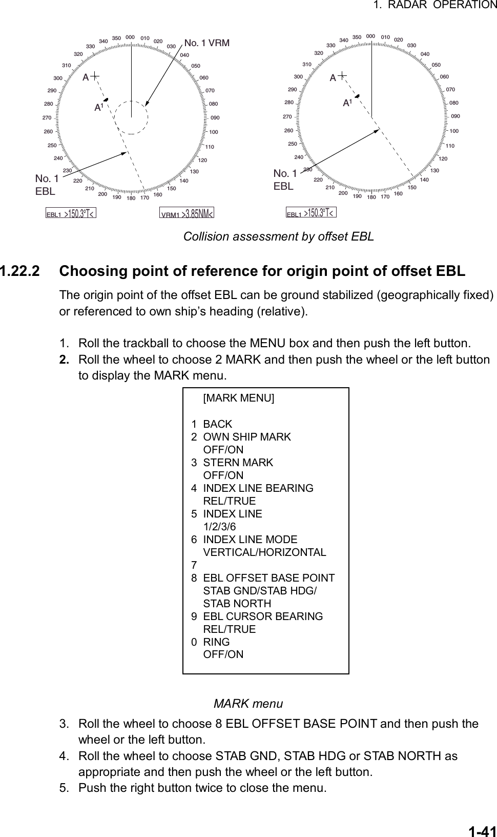 1. RADAR OPERATION  1-41 [MARK MENU]  1 BACK 2  OWN SHIP MARK  OFF/ON 3 STERN MARK  OFF/ON 4  INDEX LINE BEARING  REL/TRUE 5 INDEX LINE  1/2/3/6 6  INDEX LINE MODE  VERTICAL/HORIZONTAL 7  8  EBL OFFSET BASE POINT  STAB GND/STAB HDG/  STAB NORTH 9  EBL CURSOR BEARING  REL/TRUE 0 RING  OFF/ON 000 010 020030040050060070080090100110120130140150160170180190200210220230240250260270280290300310320330340 350000 010 020030040050060070080090100110120130140150160170180190200210220230240250260270280290300310320330340 350No. 1 VRMAA1AA1No. 1EBLNo. 1EBL    EBL1     &gt;150.3 T&lt;    VRM1     &gt;3.85NM&lt;    EBL1     &gt;150.3 T&lt; Collision assessment by offset EBL  1.22.2  Choosing point of reference for origin point of offset EBL The origin point of the offset EBL can be ground stabilized (geographically fixed) or referenced to own ship’s heading (relative).  1.  Roll the trackball to choose the MENU box and then push the left button. 2.  Roll the wheel to choose 2 MARK and then push the wheel or the left button to display the MARK menu.                        MARK menu 3.  Roll the wheel to choose 8 EBL OFFSET BASE POINT and then push the wheel or the left button. 4.  Roll the wheel to choose STAB GND, STAB HDG or STAB NORTH as appropriate and then push the wheel or the left button. 5.  Push the right button twice to close the menu. 