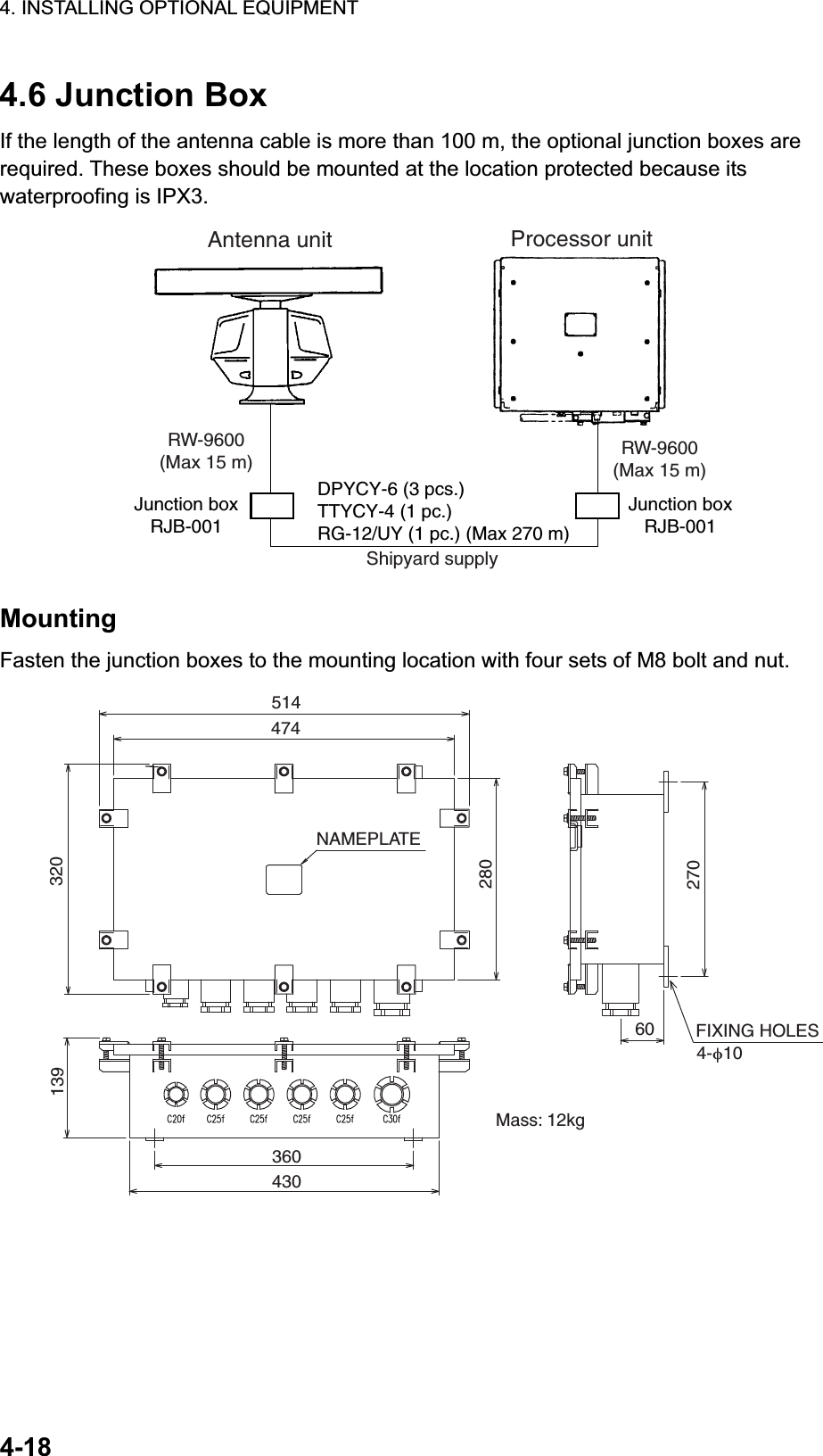 4. INSTALLING OPTIONAL EQUIPMENT 4-184.6 Junction Box If the length of the antenna cable is more than 100 m, the optional junction boxes are required. These boxes should be mounted at the location protected because its waterproofing is IPX3. RW-9600(Max 15 m)Junction boxRJB-001RW-9600(Max 15 m)DPYCY-6 (3 pcs.)TTYCY-4 (1 pc.)RG-12/UY (1 pc.) (Max 270 m)Antenna unit Processor unitJunction boxRJB-001Shipyard supplyMountingFasten the junction boxes to the mounting location with four sets of M8 bolt and nut. 51447432028013936043027060NAMEPLATE4-I10FIXING HOLESMass: 12kg