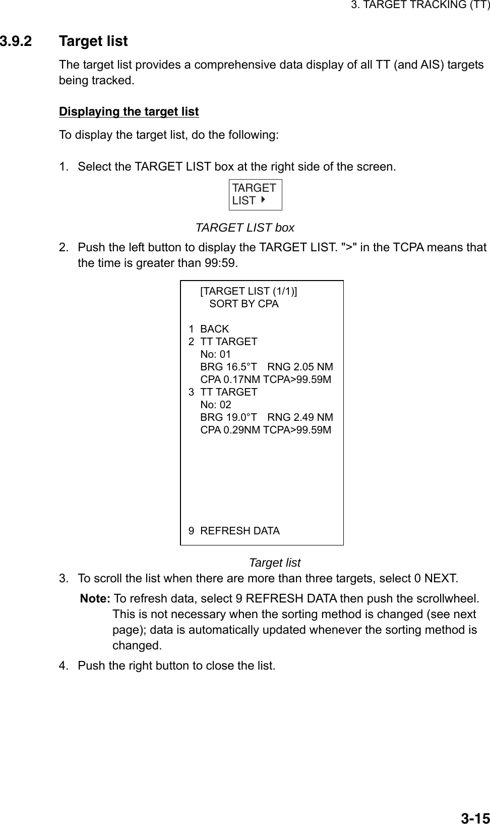 3. TARGET TRACKING (TT)  3-15  [TARGET LIST (1/1)]     SORT BY CPA  1 BACK 2 TT TARGET  No: 01   BRG 16.5°T    RNG 2.05 NM CPA 0.17NM TCPA&gt;99.59M3 TT TARGET  No: 02   BRG 19.0°T    RNG 2.49 NM CPA 0.29NM TCPA&gt;99.59M       9 REFRESH DATA 3.9.2 Target list The target list provides a comprehensive data display of all TT (and AIS) targets being tracked.    Displaying the target list To display the target list, do the following:  1.  Select the TARGET LIST box at the right side of the screen.   TARGETLIST TARGET LIST box 2.  Push the left button to display the TARGET LIST. &quot;&gt;&quot; in the TCPA means that the time is greater than 99:59.                   Target list 3.  To scroll the list when there are more than three targets, select 0 NEXT. Note: To refresh data, select 9 REFRESH DATA then push the scrollwheel. This is not necessary when the sorting method is changed (see next page); data is automatically updated whenever the sorting method is changed. 4.  Push the right button to close the list.  