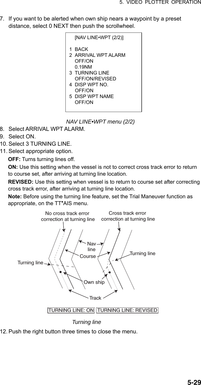 5. VIDEO PLOTTER OPERATION  5-29  [NAV LINE•WPT (2/2)]  1 BACK 2 ARRIVAL WPT ALARM  OFF/ON  0.19NM 3 TURNING LINE  OFF/ON/REVISED 4  DISP WPT NO.  OFF/ON 5  DISP WPT NAME  OFF/ON 7.  If you want to be alerted when own ship nears a waypoint by a preset distance, select 0 NEXT then push the scrollwheel.               NAV LINE•WPT menu (2/2) 8.  Select ARRIVAL WPT ALARM. 9. Select ON. 10. Select 3 TURNING LINE. 11. Select appropriate option. OFF: Turns turning lines off. ON: Use this setting when the vessel is not to correct cross track error to return to course set, after arriving at turning line location. REVISED: Use this setting when vessel is to return to course set after correcting cross track error, after arriving at turning line location. Note: Before using the turning line feature, set the Trial Maneuver function as appropriate, on the TT●AIS menu.  Own shipTurning lineCourseNavlineTrackTurning lineTURNING LINE: REVISEDTURNING LINE: ONNo cross track error correction at turning lineCross track error correction at turning line Turning line 12. Push the right button three times to close the menu. 