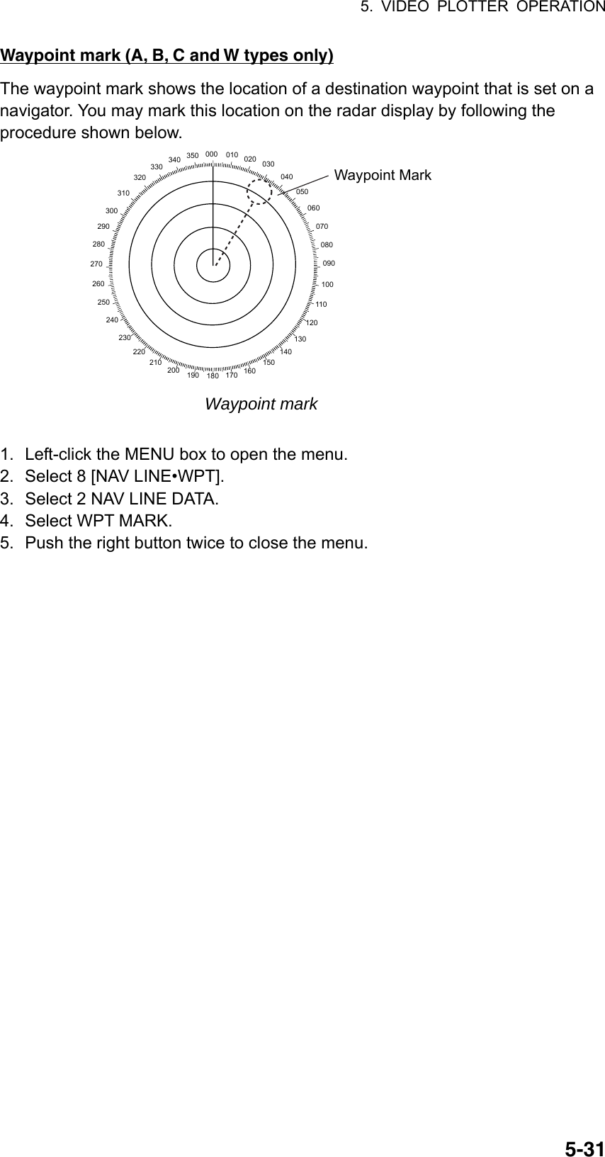 5. VIDEO PLOTTER OPERATION  5-31Waypoint mark (A, B, C and W types only) The waypoint mark shows the location of a destination waypoint that is set on a navigator. You may mark this location on the radar display by following the procedure shown below. 000 010 020 030040050060070080090100110120130140150160170180190200210220230240250260270280290300310320330 340 350Waypoint Mark Waypoint mark  1.  Left-click the MENU box to open the menu. 2.  Select 8 [NAV LINE•WPT]. 3.  Select 2 NAV LINE DATA. 4.  Select WPT MARK. 5.  Push the right button twice to close the menu. 