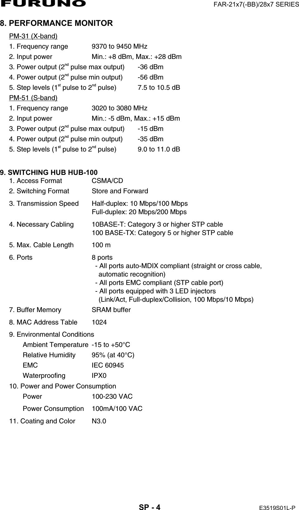 FURUNO  FAR-21x7(-BB)/28x7 SERIES  SP - 4  E3519S01L-P  8. PERFORMANCE MONITOR PM-31 (X-band) 1. Frequency range  9370 to 9450 MHz 2. Input power  Min.: +8 dBm, Max.: +28 dBm   3. Power output (2nd pulse max output)  -36 dBm 4. Power output (2nd pulse min output)  -56 dBm 5. Step levels (1st pulse to 2nd pulse)  7.5 to 10.5 dB PM-51 (S-band) 1. Frequency range  3020 to 3080 MHz 2. Input power  Min.: -5 dBm, Max.: +15 dBm   3. Power output (2nd pulse max output)  -15 dBm 4. Power output (2nd pulse min output)  -35 dBm 5. Step levels (1st pulse to 2nd pulse)  9.0 to 11.0 dB  9. SWITCHING HUB HUB-100 1. Access Format  CSMA/CD 2. Switching Format  Store and Forward 3. Transmission Speed  Half-duplex: 10 Mbps/100 Mbps Full-duplex: 20 Mbps/200 Mbps 4. Necessary Cabling  10BASE-T: Category 3 or higher STP cable 100 BASE-TX: Category 5 or higher STP cable 5. Max. Cable Length  100 m 6. Ports   8 ports   - All ports auto-MDIX compliant (straight or cross cable,     automatic recognition)   - All ports EMC compliant (STP cable port)   - All ports equipped with 3 LED injectors     (Link/Act, Full-duplex/Collision, 100 Mbps/10 Mbps) 7. Buffer Memory  SRAM buffer 8. MAC Address Table  1024 9. Environmental Conditions   Ambient Temperature -15 to +50°C   Relative Humidity  95% (at 40°C)   EMC  IEC 60945   Waterproofing  IPX0  10. Power and Power Consumption   Power    100-230 VAC   Power Consumption   100mA/100 VAC 11. Coating and Color  N3.0  